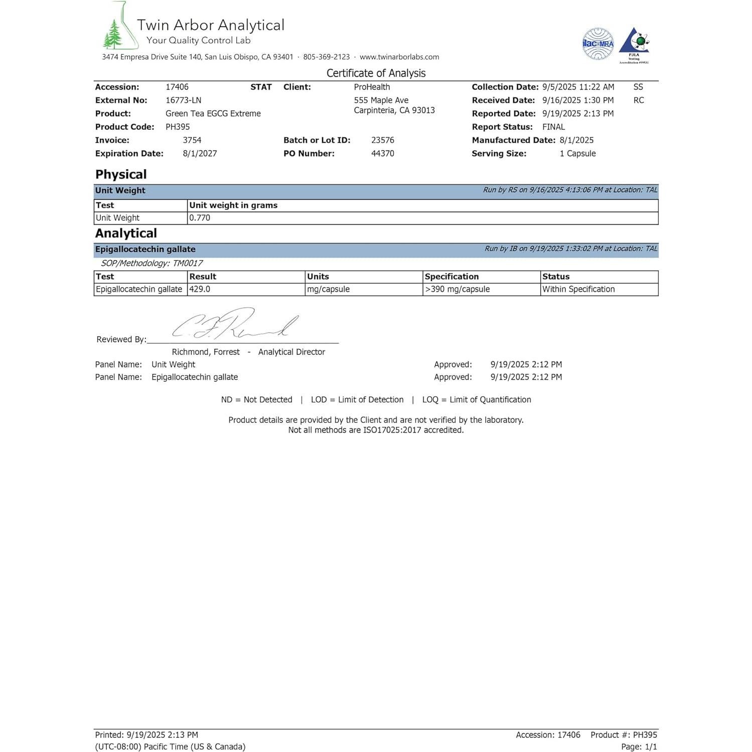 Suplemento de Té Verde ProHealth EGCG Extremo 390mg 100 Cápsulas