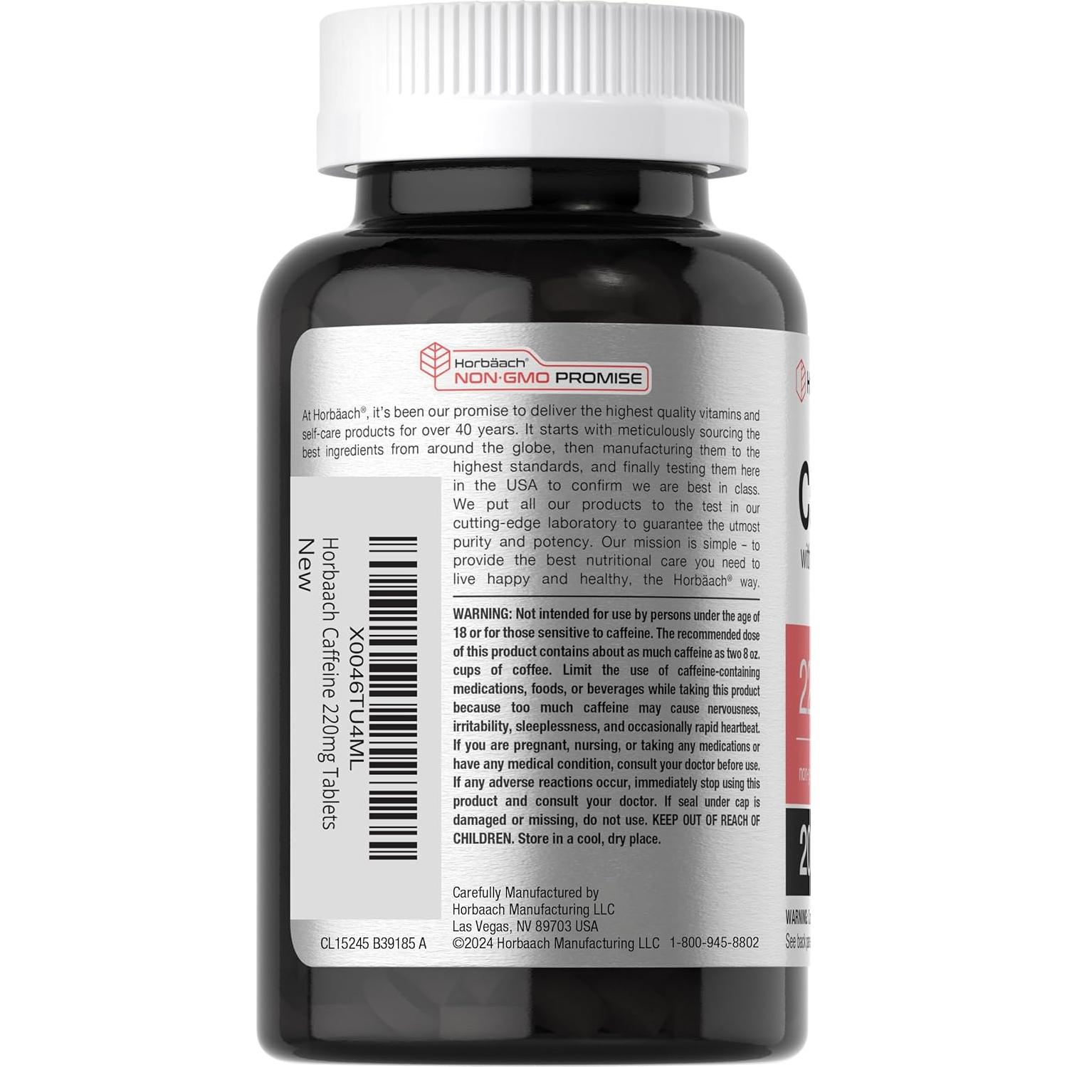 Píldoras de Cafeína Horbäach 200mg con Té Verde - 200 Tabletas