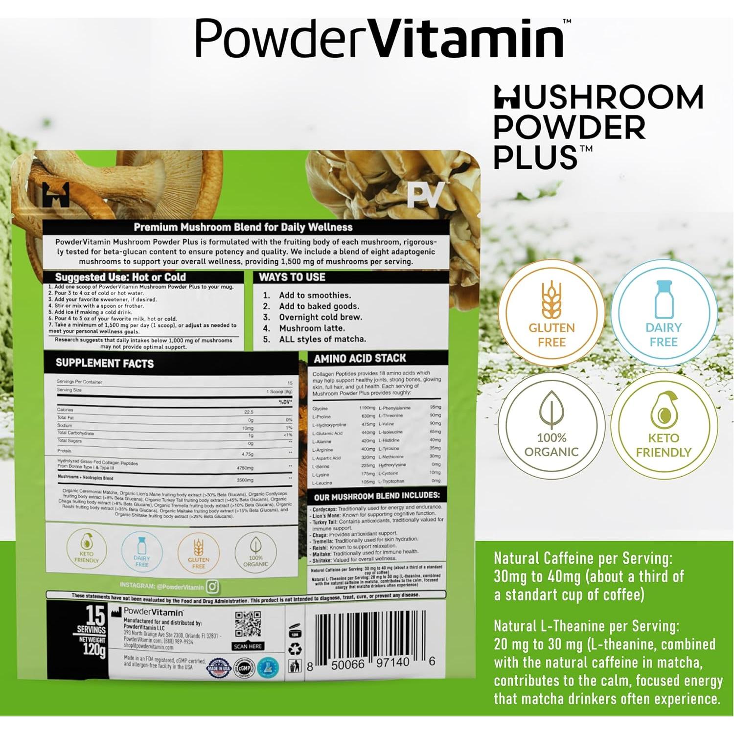 Matcha Ceremonial Orgánico PowderVitamin con 8 Hongos y Colágeno