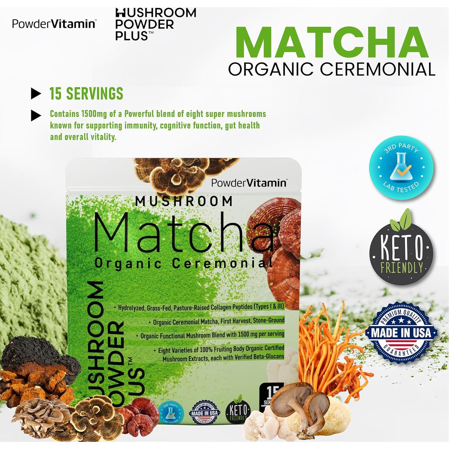Matcha Ceremonial Orgánico PowderVitamin con 8 Hongos y Colágeno