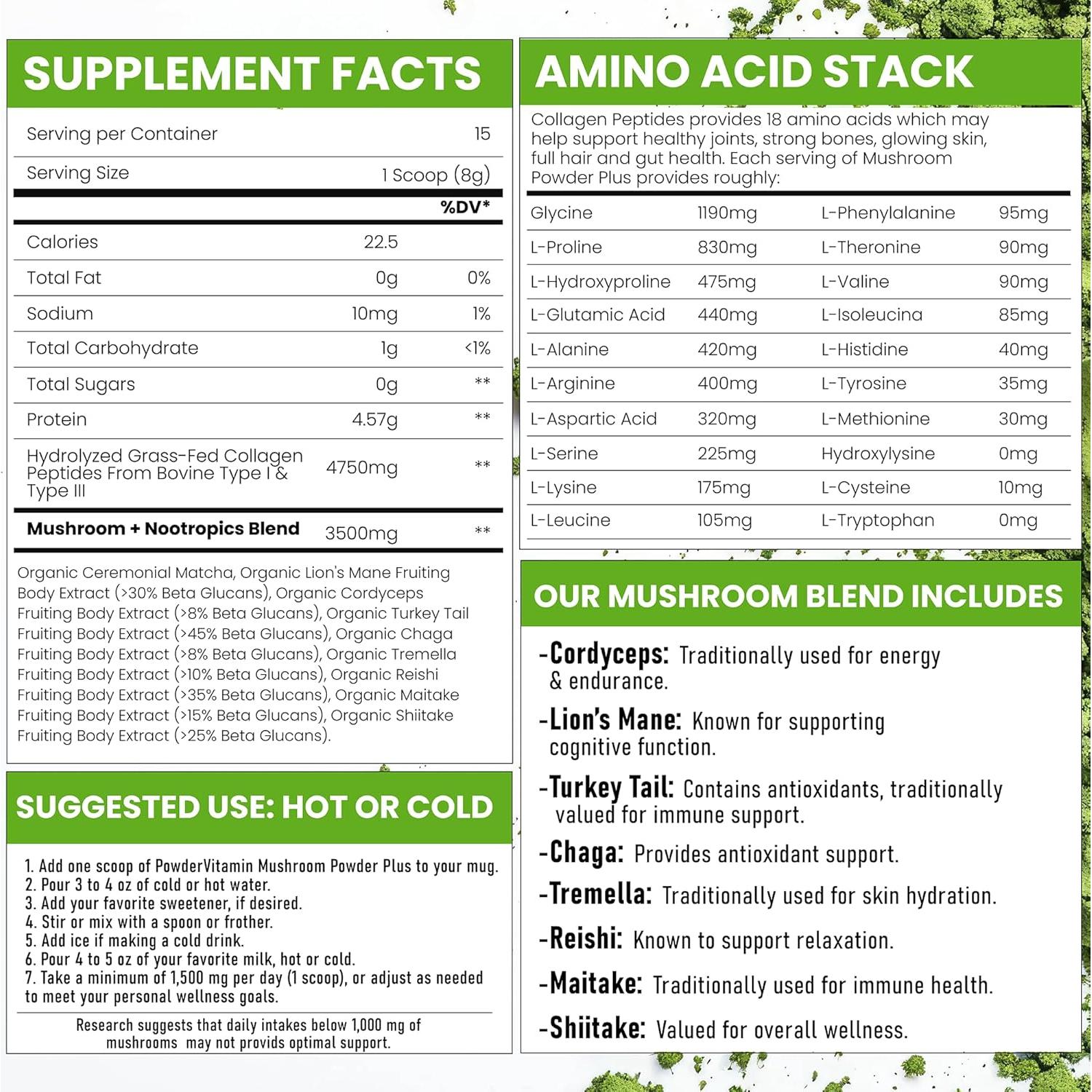 Matcha Ceremonial Orgánico PowderVitamin con 8 Hongos y Colágeno