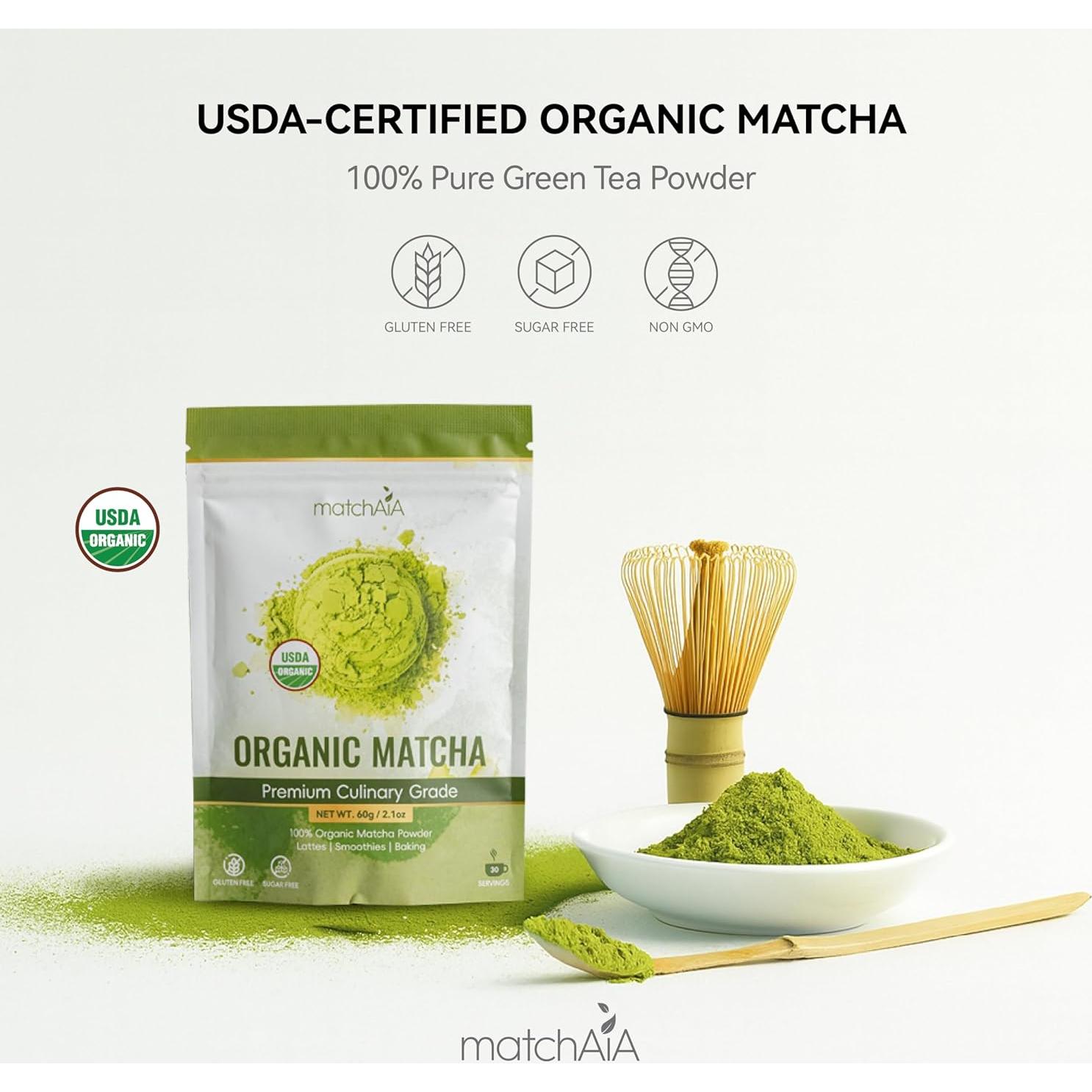 MatchAiA Polvo de Té Verde Matcha Orgánico 60g - Grado Culinario Premium