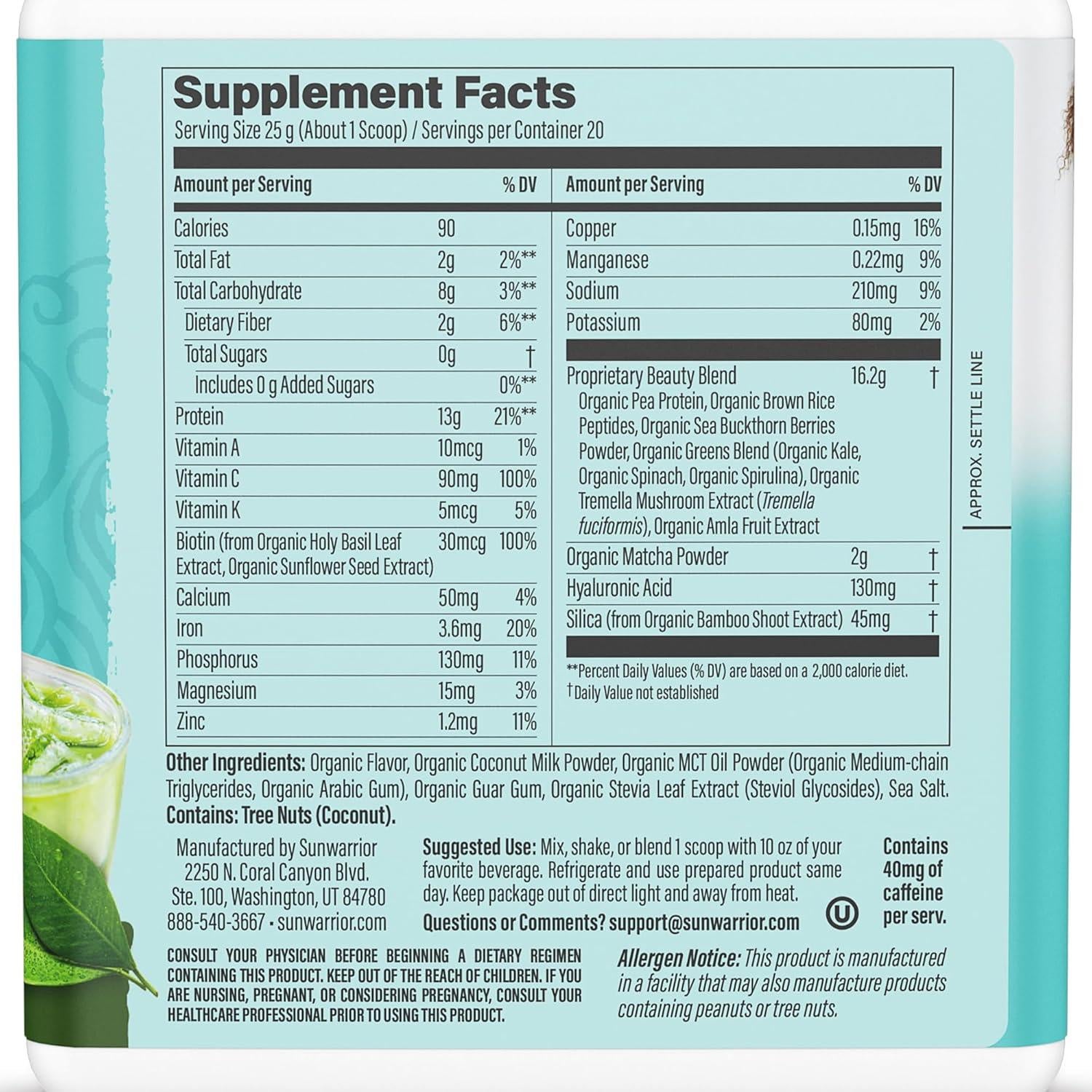 Polvo de Proteína Vegano Sunwarrior Coco Matcha 20 Porciones