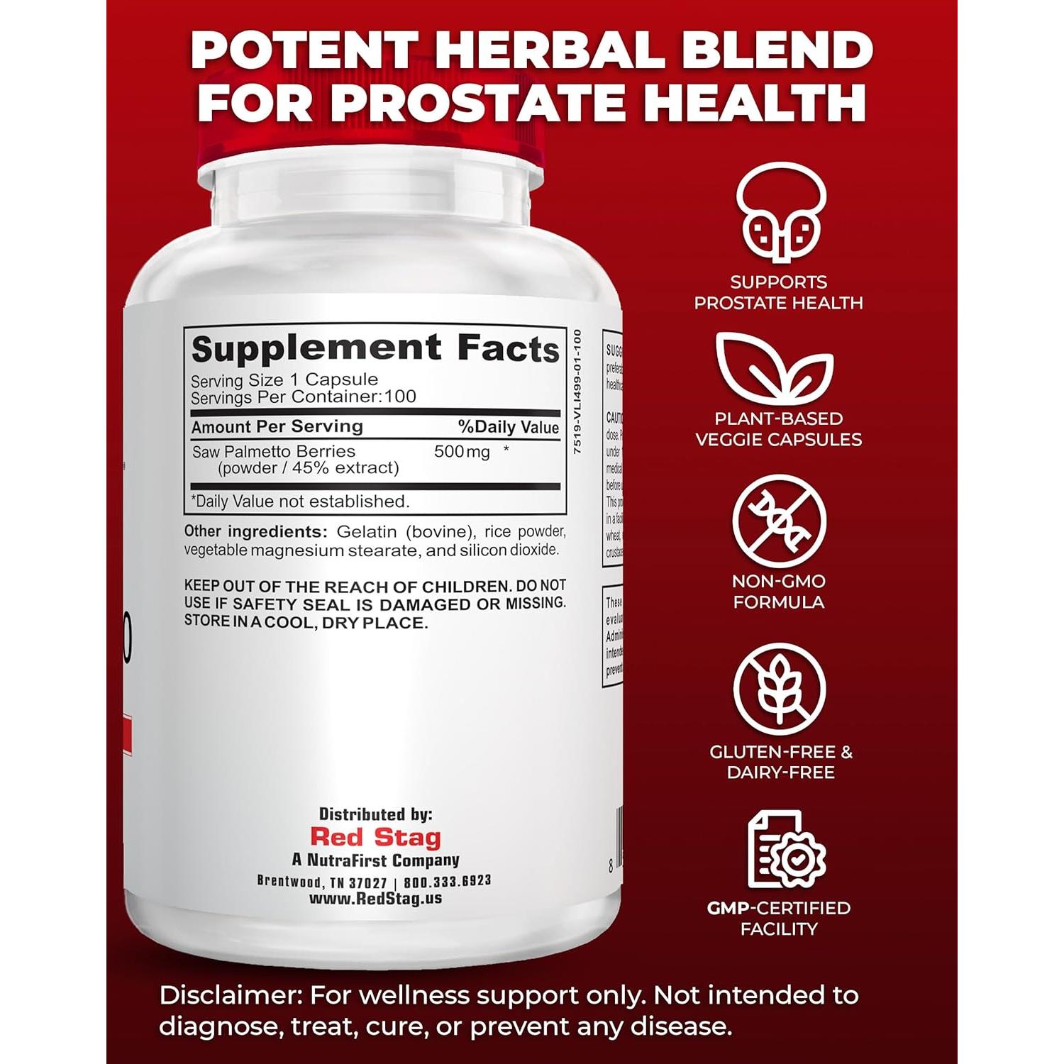 Suplemento Herbal Saw Palmetto Red Stag 500 mg 100 Cápsulas