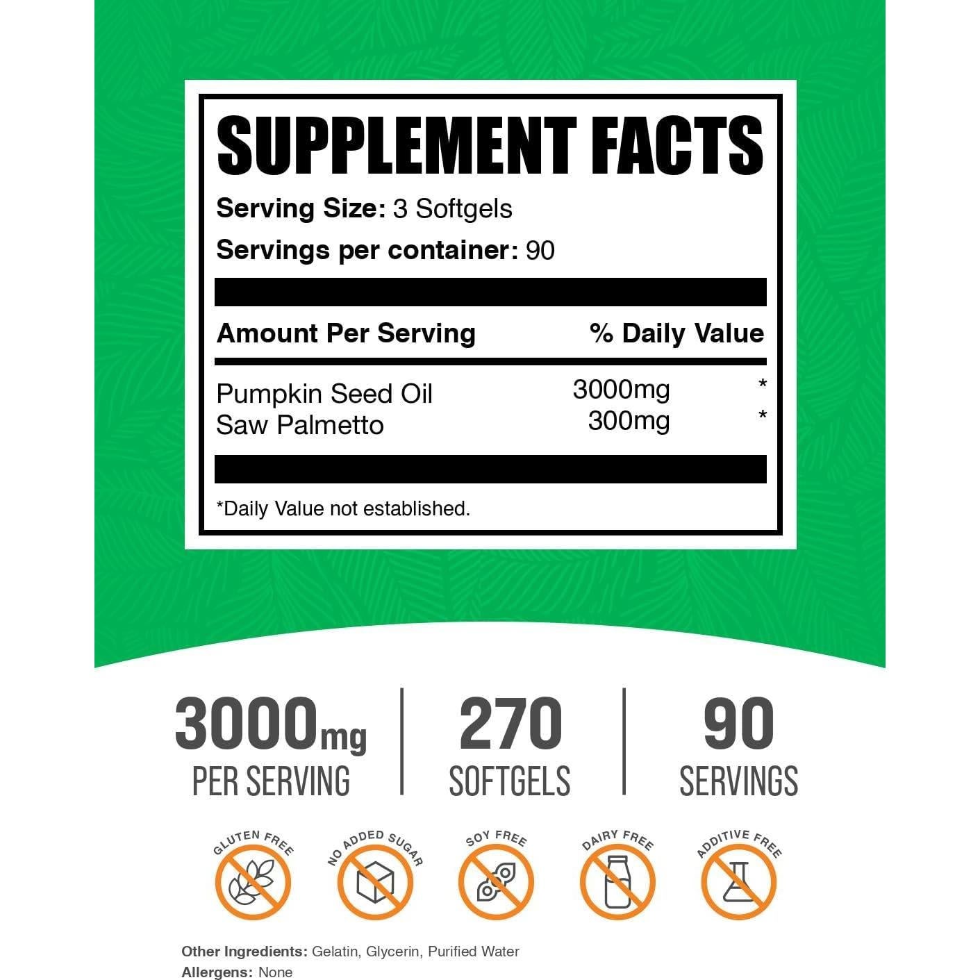Aceite de Semilla de Calabaza BulkSupplements 3000mg 270 Cápsulas