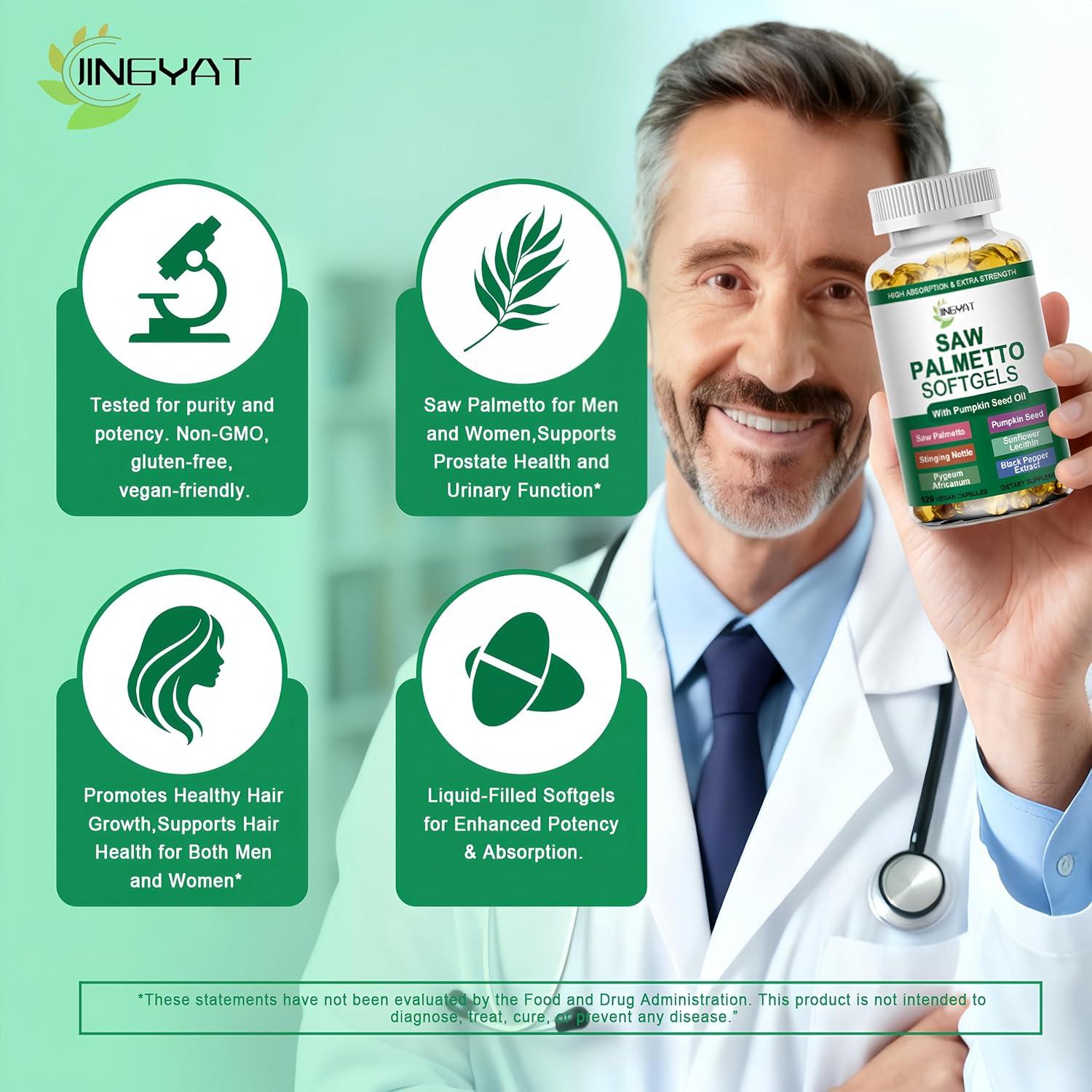 Suplemento de Saw Palmetto JINGYAT 60 Softgels Veganas 6X