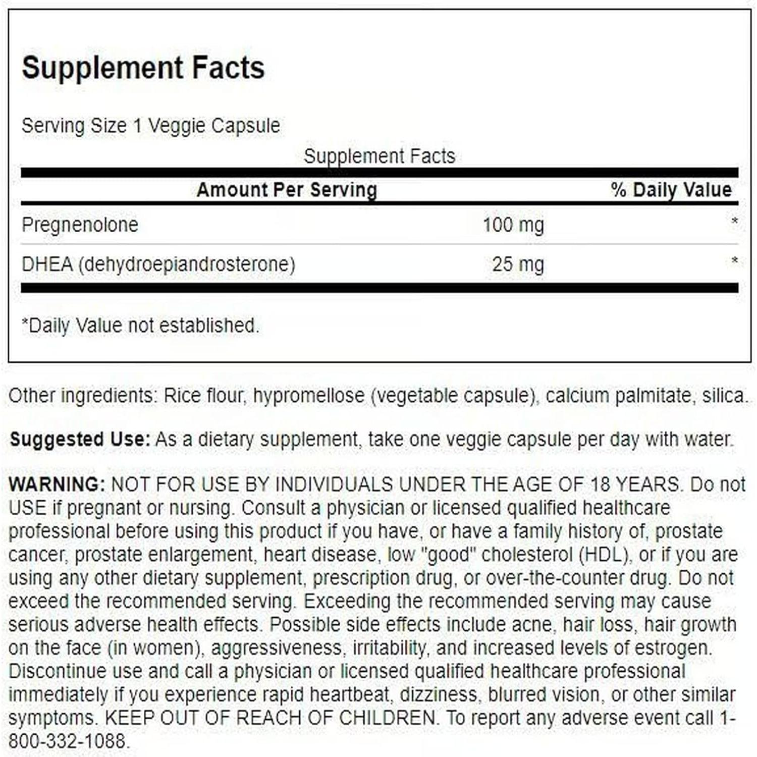 Suplemento DHEA y Pregnenolona Swanson 60 Cápsulas Veganas