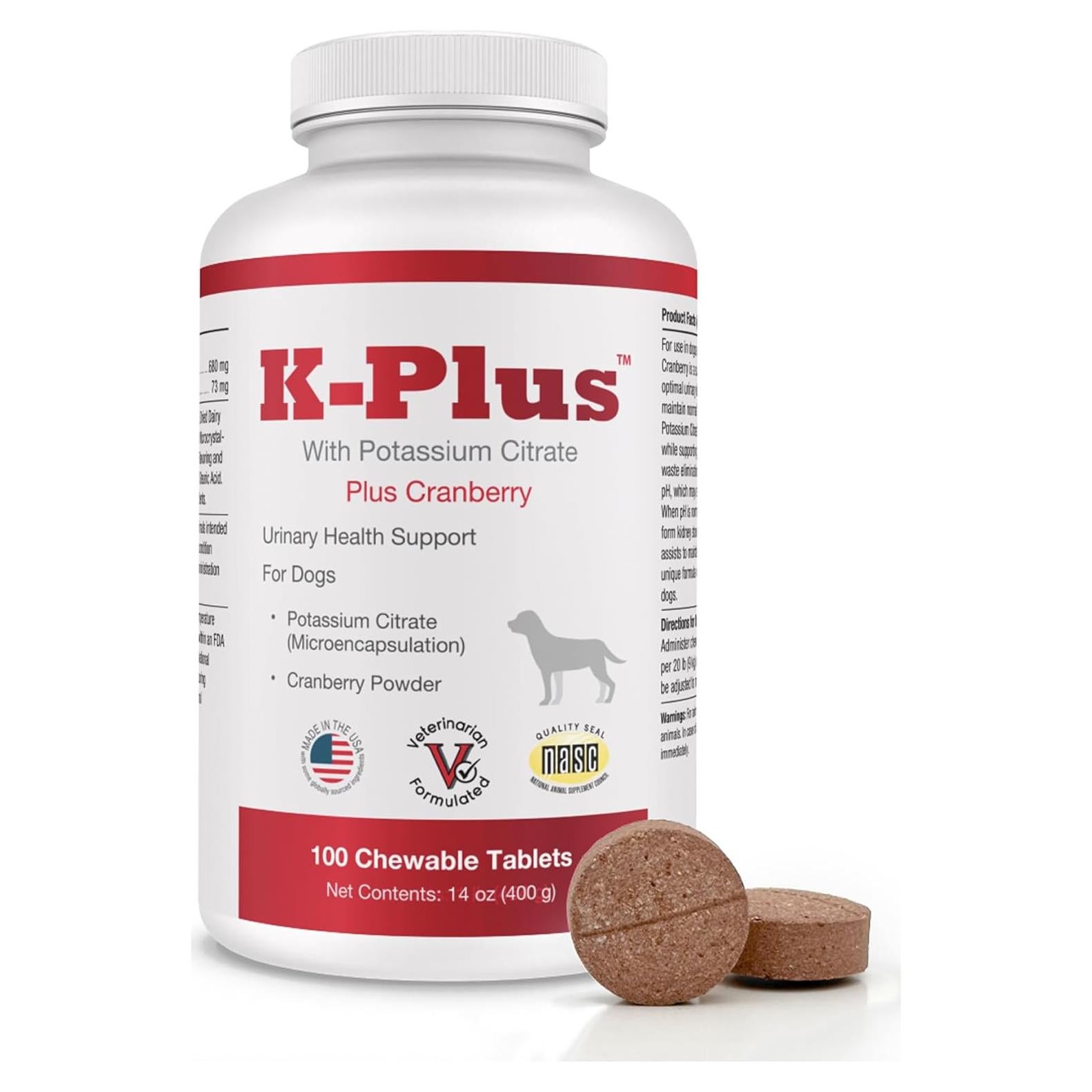 Suplemento K-Plus Citrato de Potasio con Arándano para Perros - 100 Tabletas Masticables