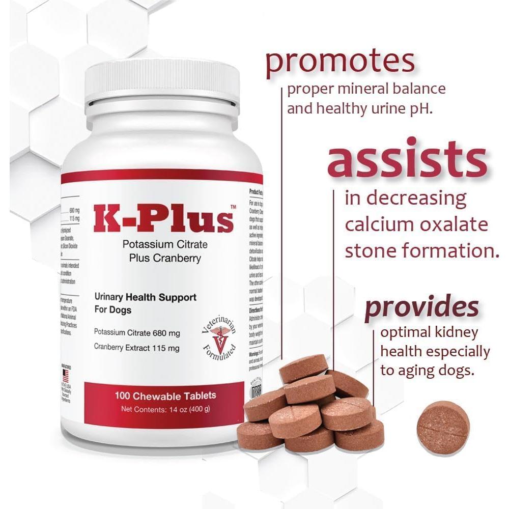 Suplemento K-Plus Citrato de Potasio con Arándano para Perros - 100 Tabletas Masticables