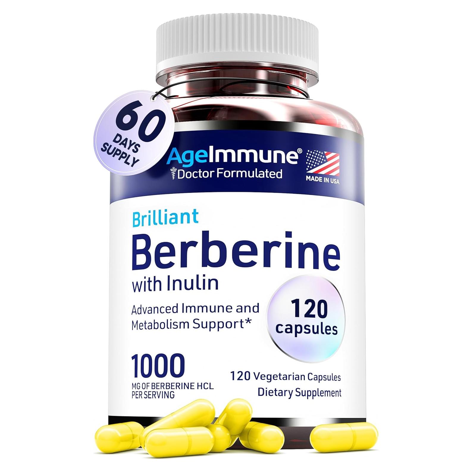 Suplemento de Berberina AgeImmune 1000mg con Inulina 120 Cápsulas