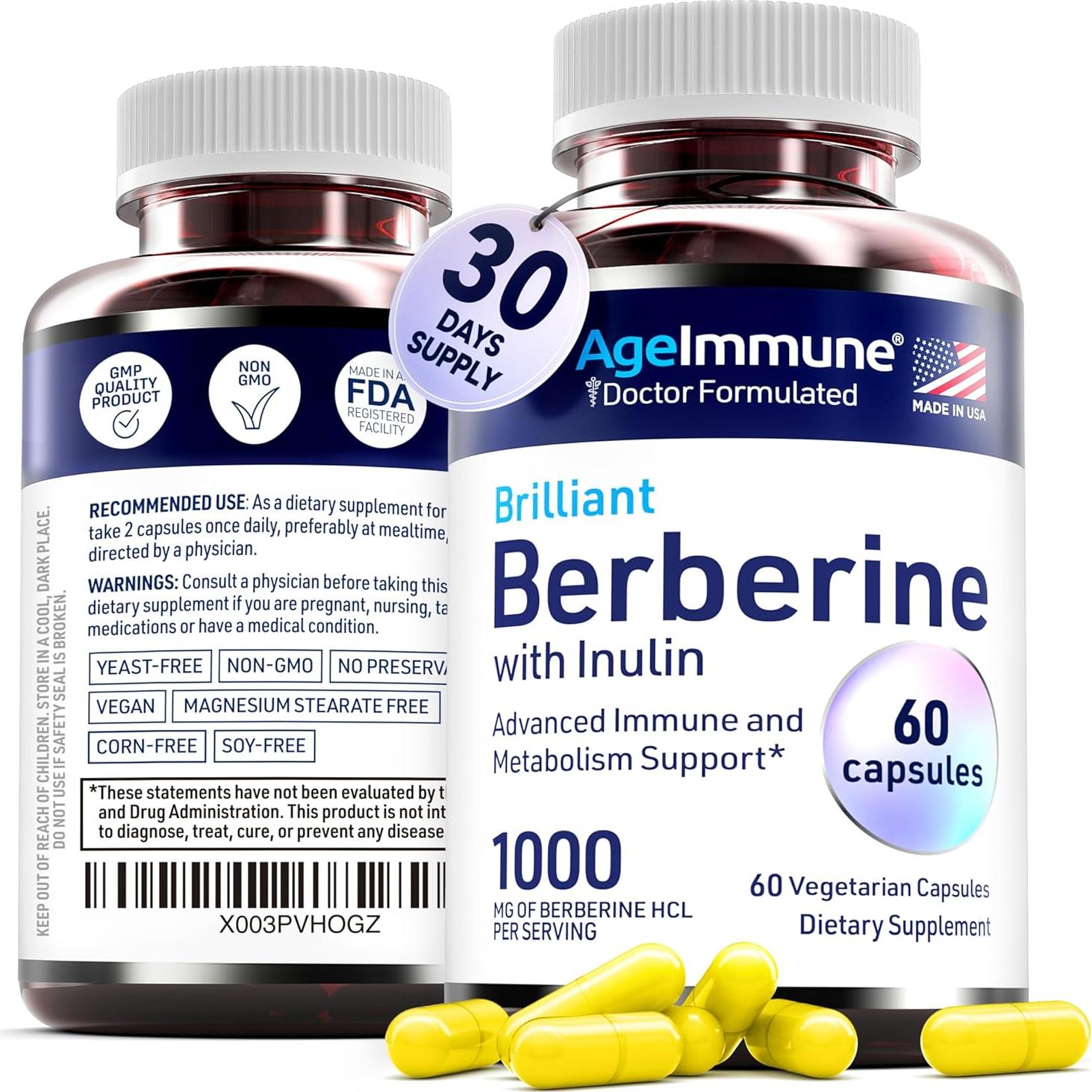 Suplemento de Berberina AgeImmune 1000mg con Inulina 120 Cápsulas