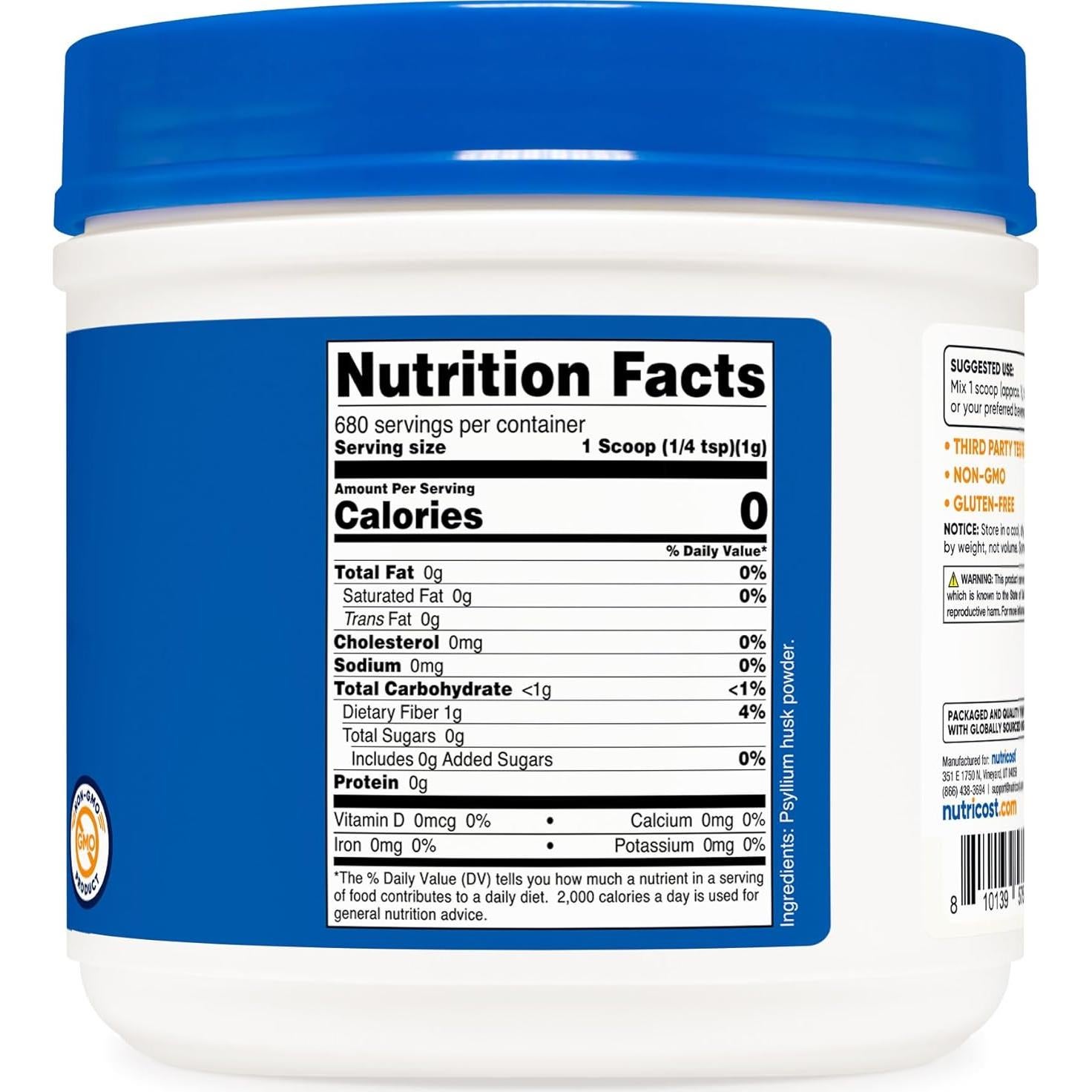 Polvo de cáscara de psyllium Nutricost 680g - Sin OGM, Sin gluten