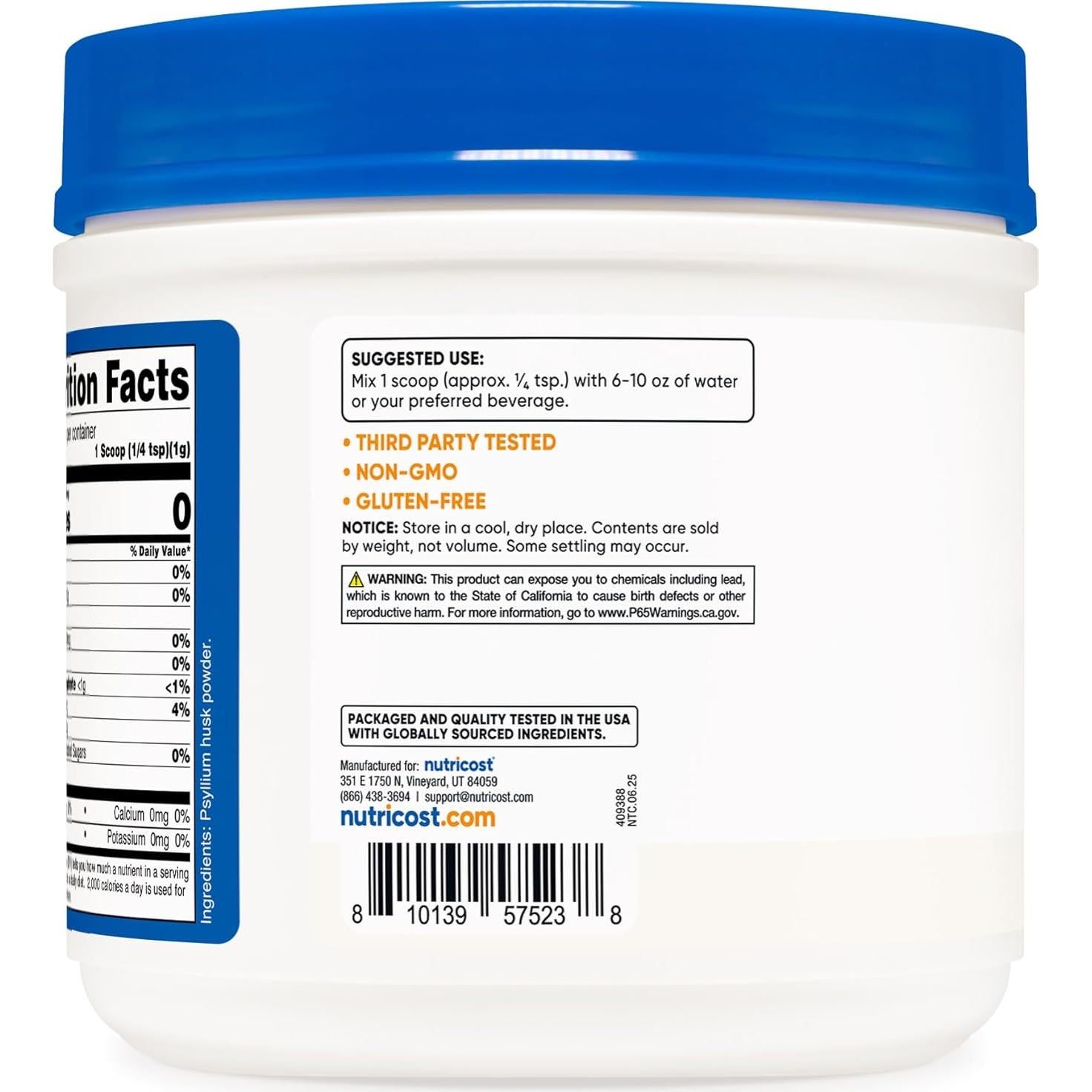 Polvo de cáscara de psyllium Nutricost 680g - Sin OGM, Sin gluten