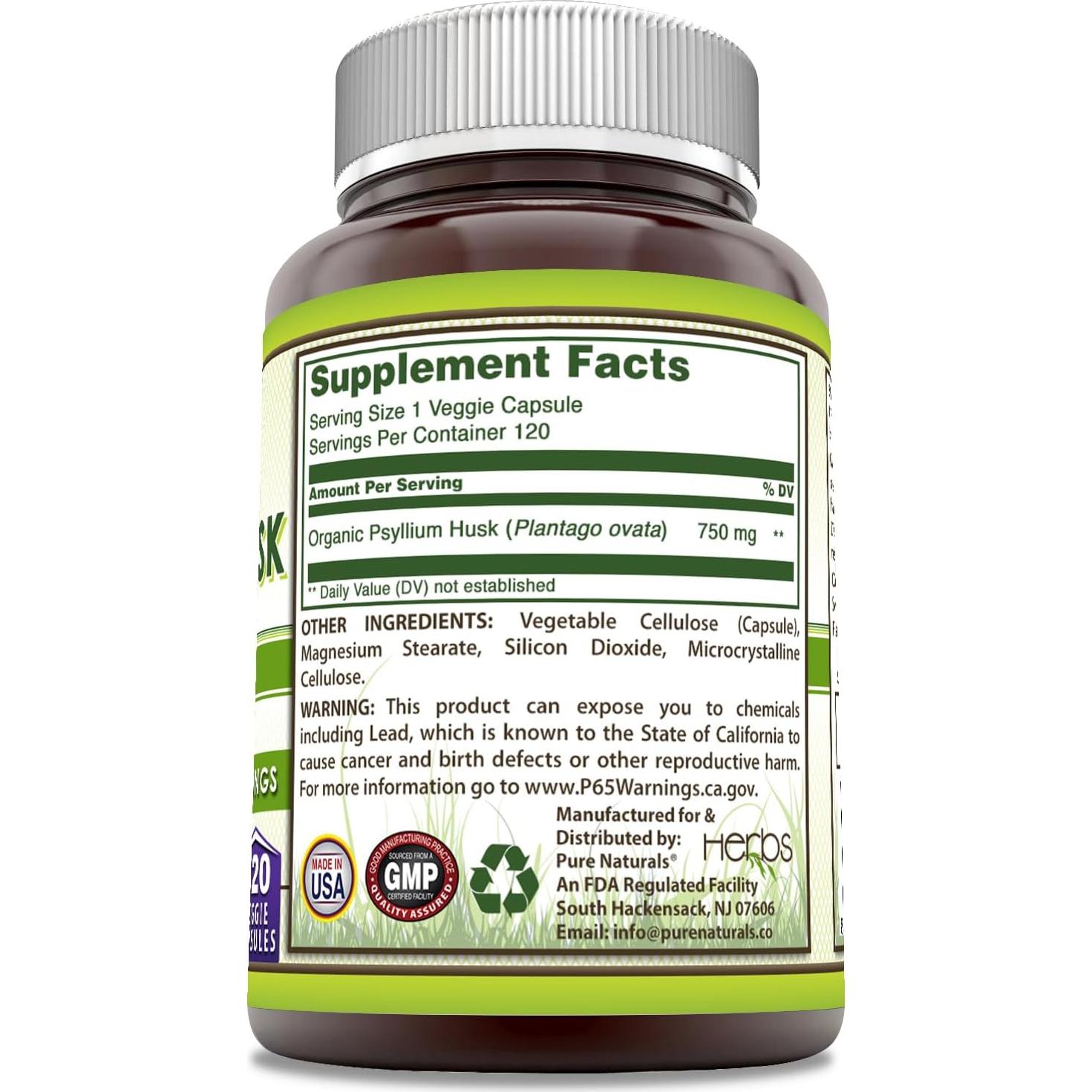 Suplemento de Cáscara de Psyllium Pure Naturals 750 Mg 120 Cápsulas