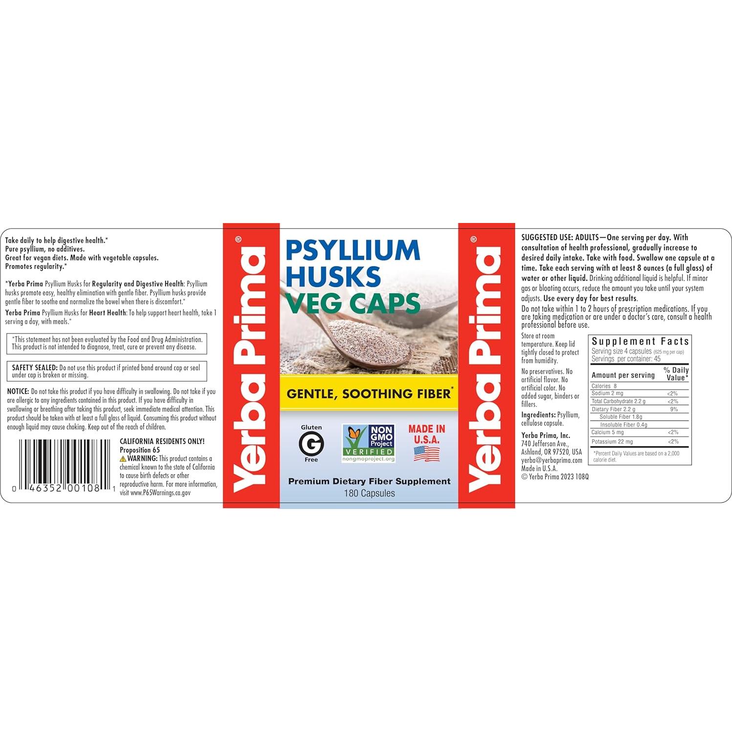 Cápsulas Veganas de Cáscaras de Psyllium Yerba Prima - 180 Unidades