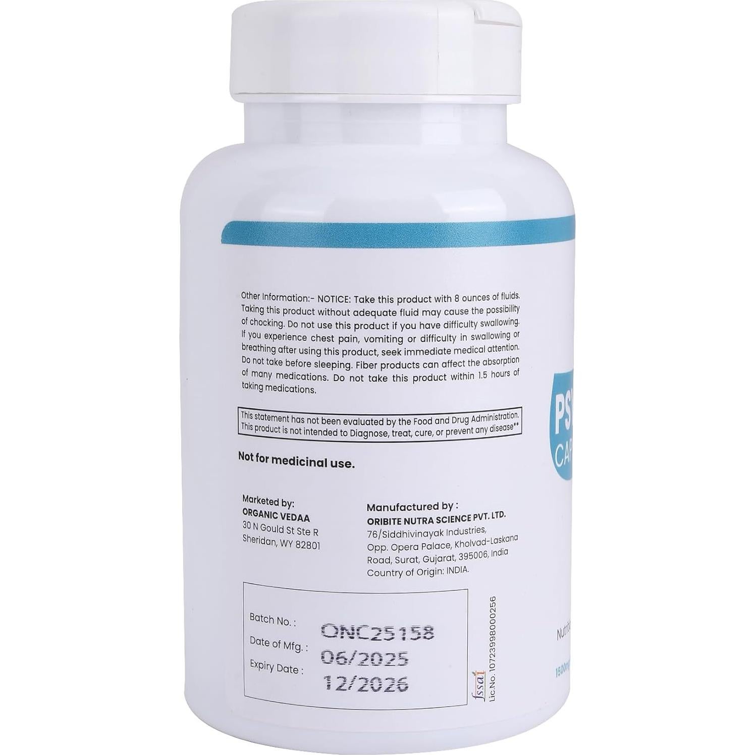 Cápsulas de Psyllium 1500mg Organic Vedaa - Suplemento de Fibra