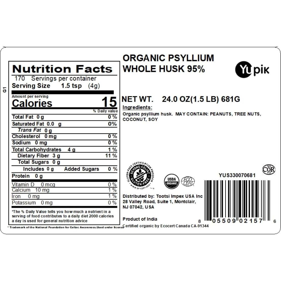 Psyllium Orgánico Yupik 680 g - Fibra Soluble, Sin Gluten