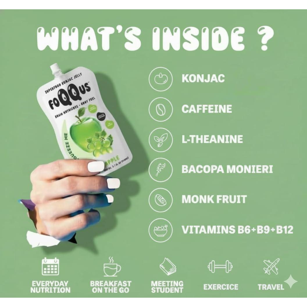 Gelatina Konjac FOQQUS de Uva Verde y Manzana - 10 Bolsitas