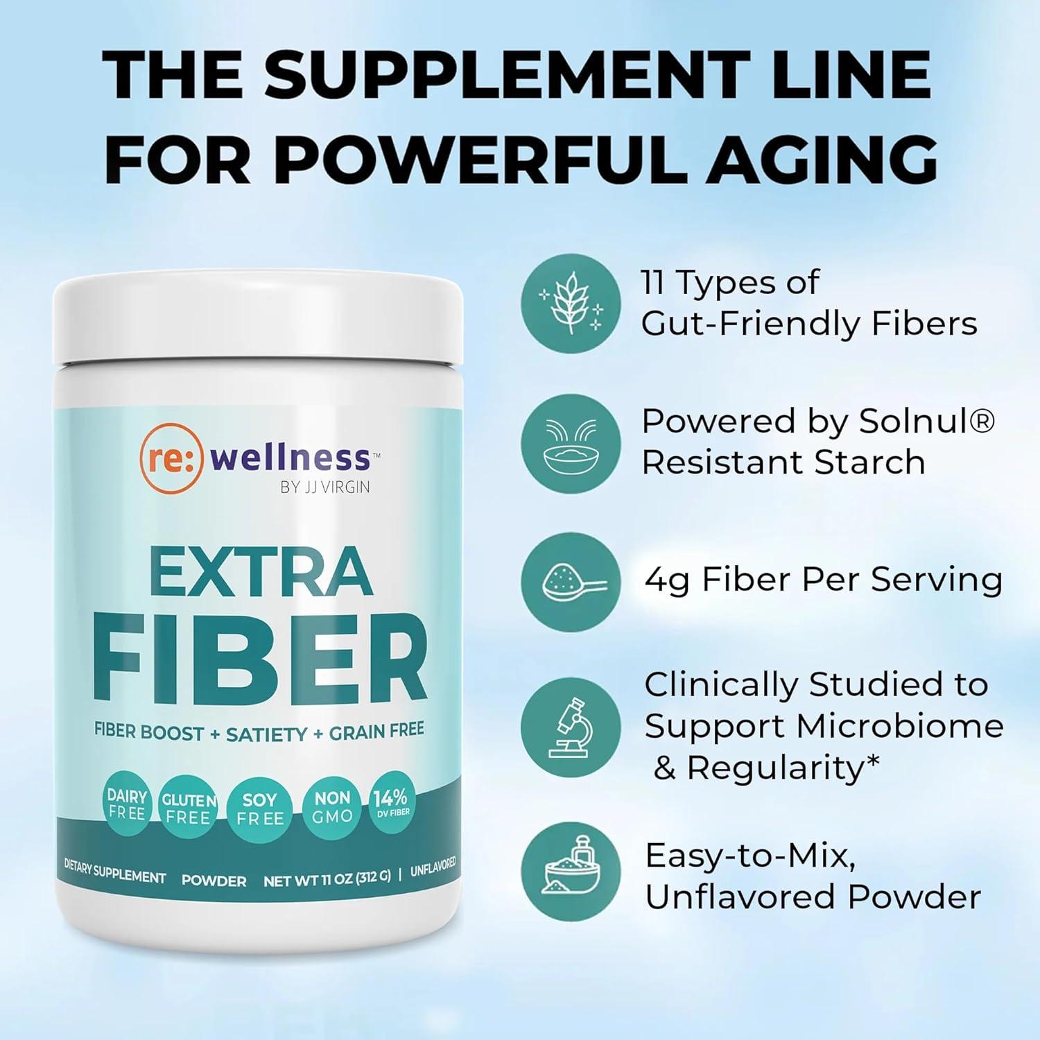 Reignite Wellness by JJ Virgin | Extra Fiber | 12 Fiber Powder Supplement with Psyllium Husk, Pectin, Flax, Cranberry Seed & More | Supports Gut Health | 60 Servings