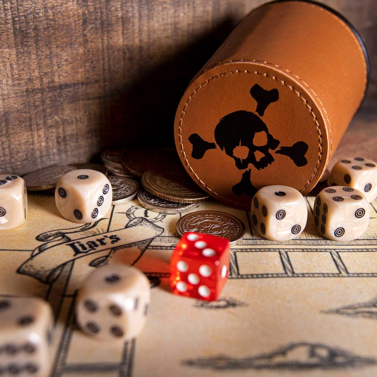 Liar's Dice Game Set - Classic Family Bluffing Game - Treasure Chest Includes Six Professional Bicast Leather Dice Cups, 30 Custom Bullseye D6 Dice, Custom Bidding Die, Pirate Ship Game Mat