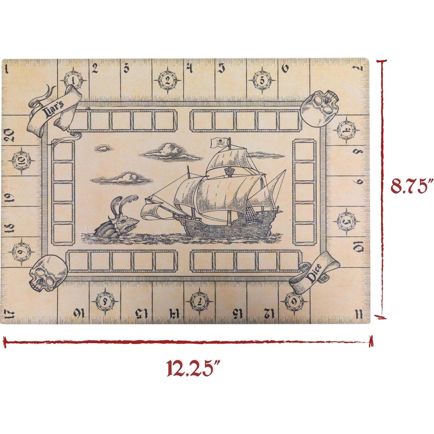 Liar's Dice Game Set - Classic Family Bluffing Game - Treasure Chest Includes Six Professional Bicast Leather Dice Cups, 30 Custom Bullseye D6 Dice, Custom Bidding Die, Pirate Ship Game Mat