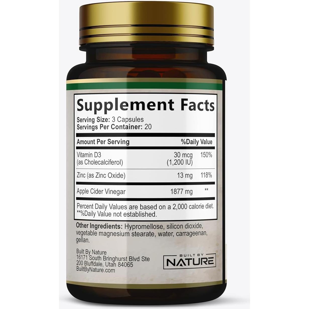 Cápsulas de Vinagre de Sidra de Manzana Built By Nature 1877mg con Vitamina D y Zinc - 60 Pastillas
