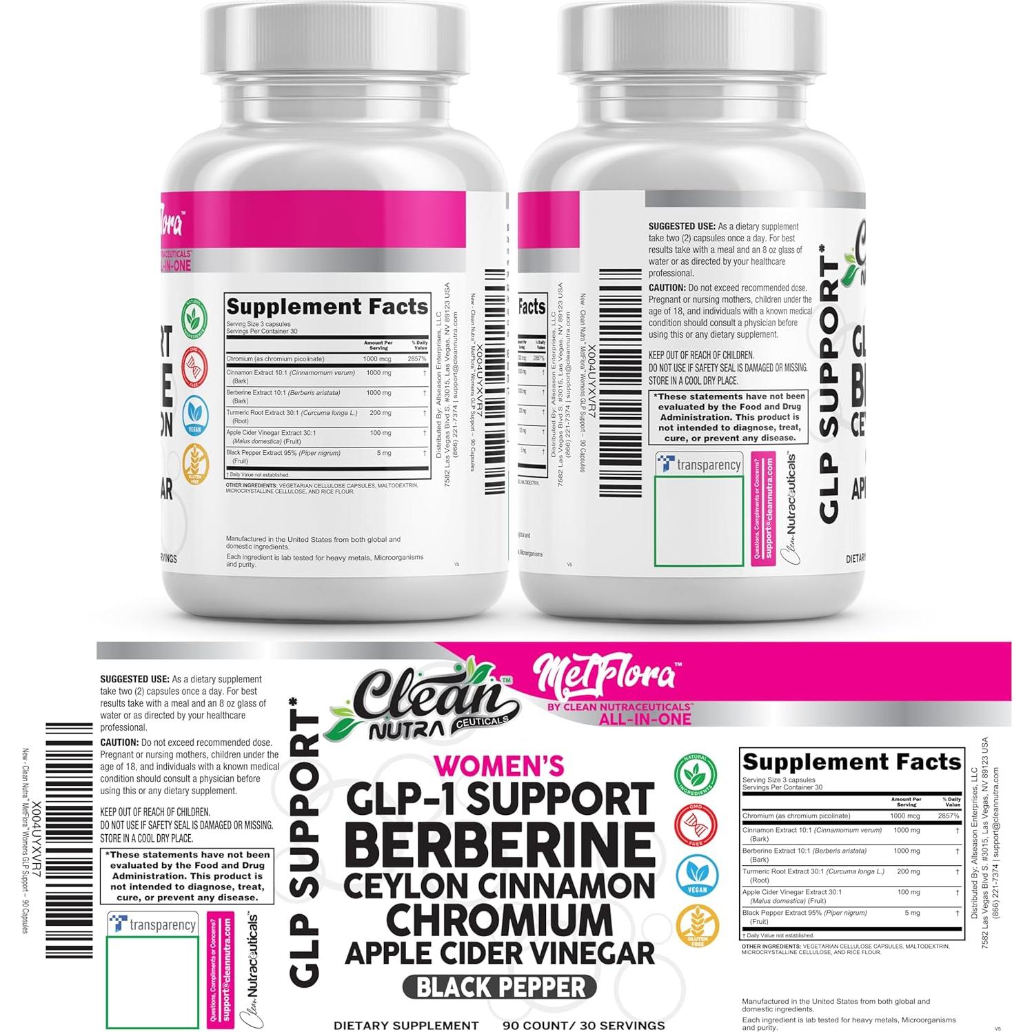 Suplemento GLP-1 Clean Nutra 90 Cápsulas Berberina Canela