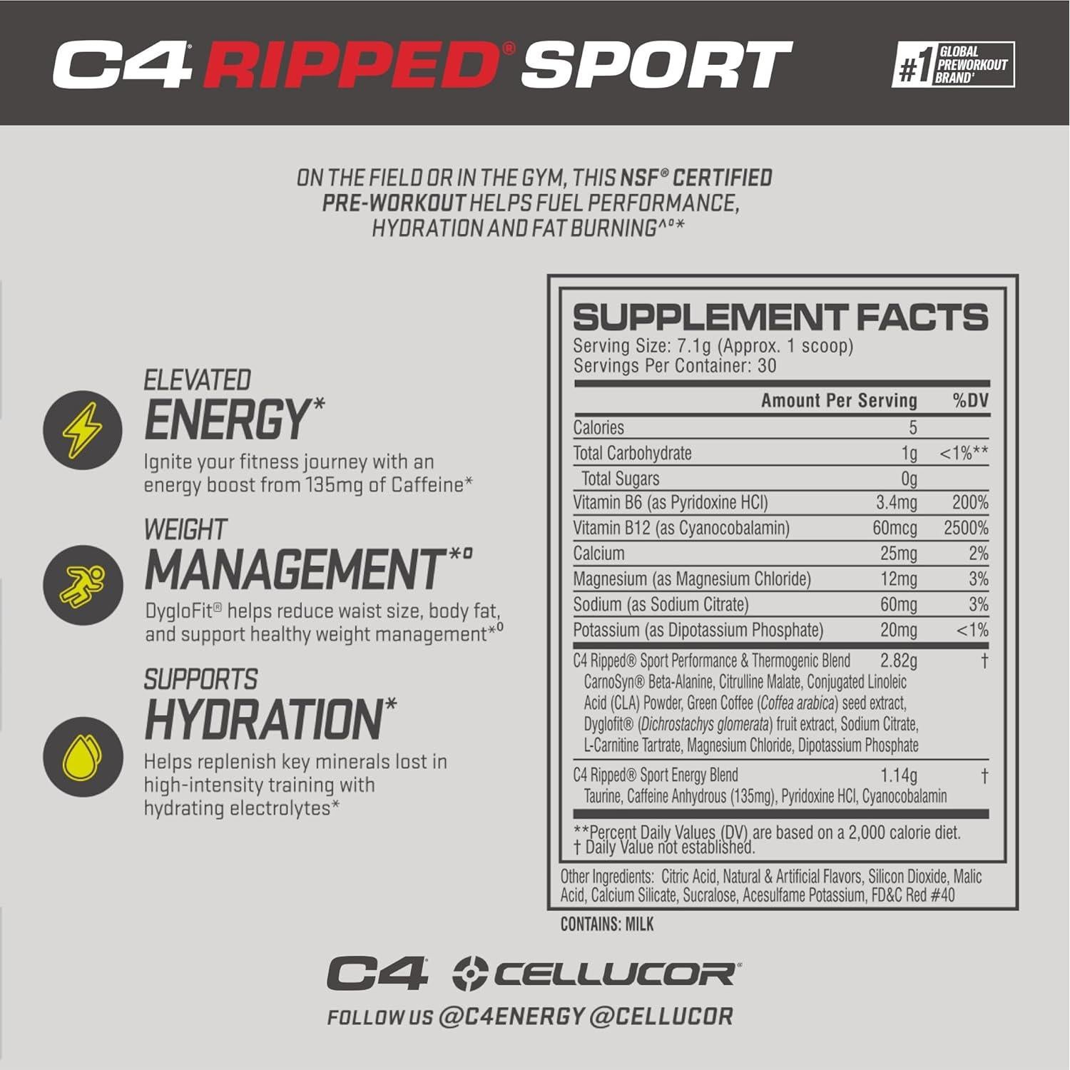 Cellucor C4 Ripped Sport Polvo Pre Entrenamiento 30 Porciones