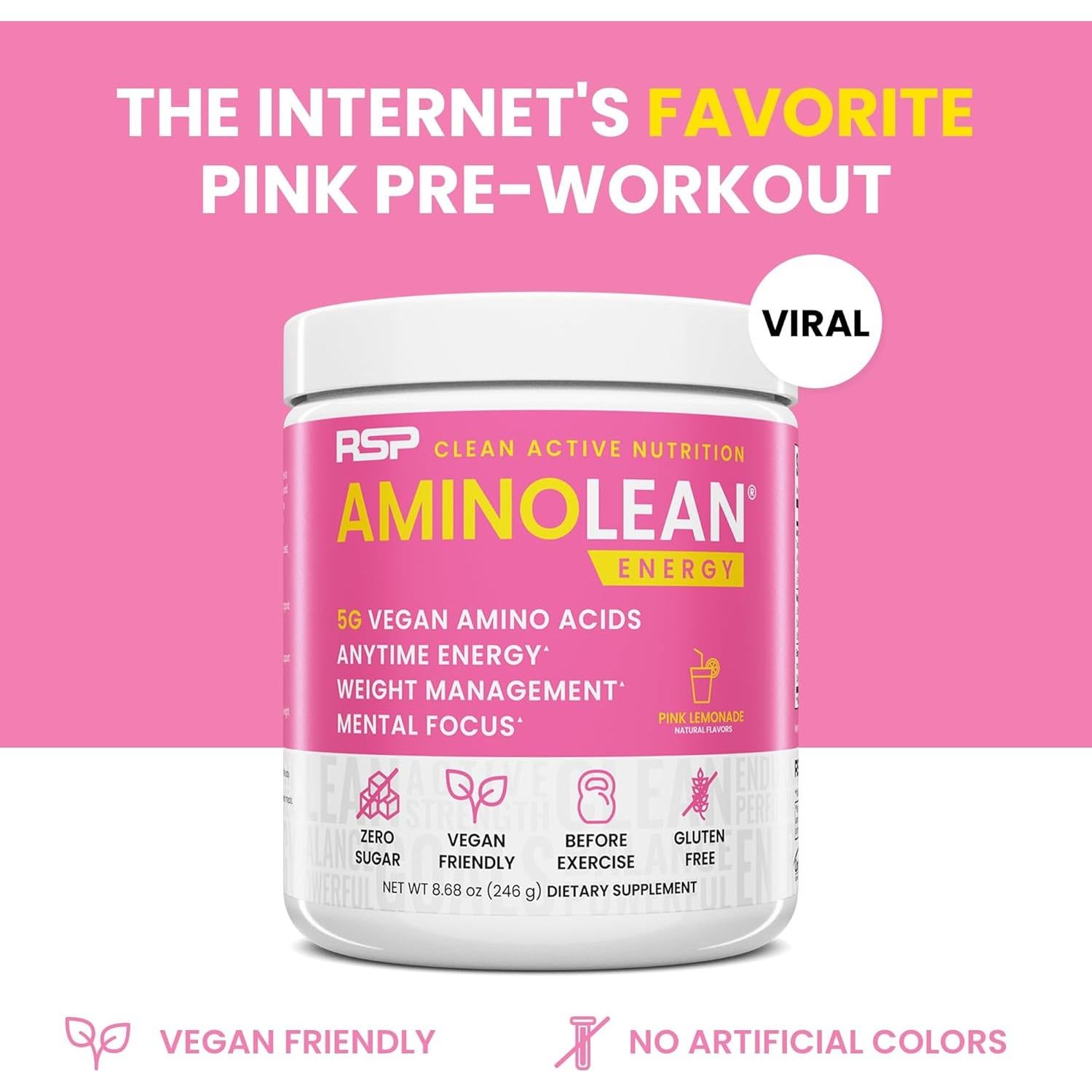 RSP Nutrition AminoLean Polvo Pre Entrenamiento 245g Limonada Rosa