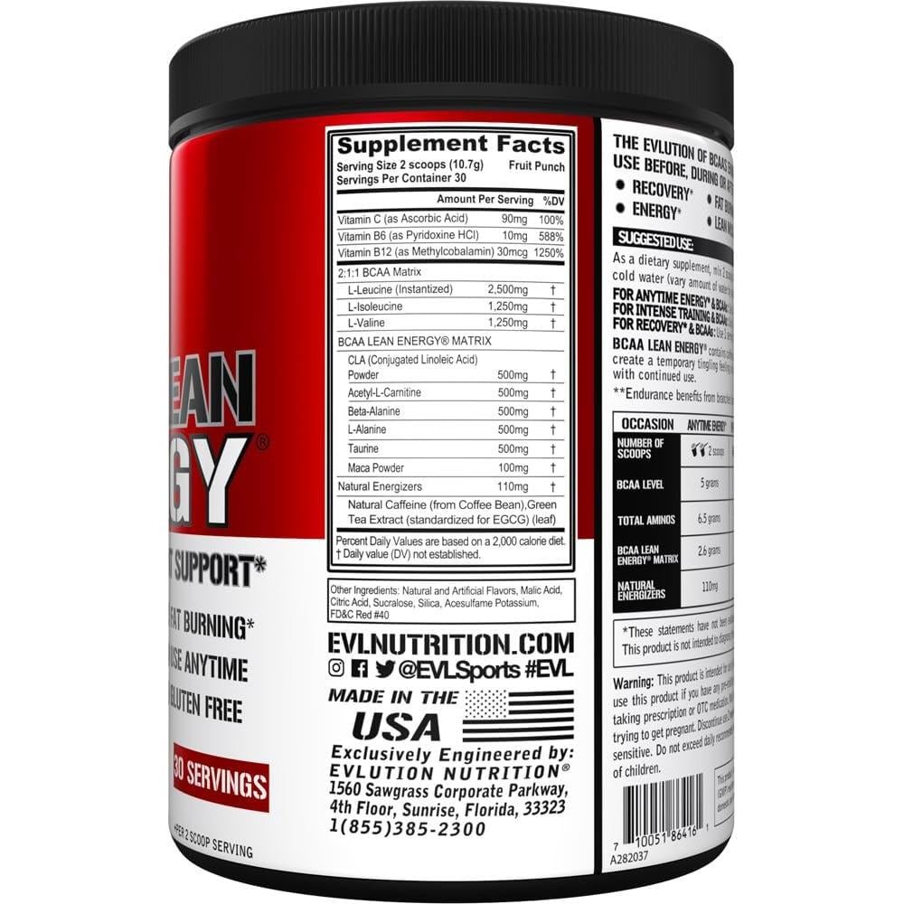 BCAA Lean Energy EVL - Polvo Pre Entrenamiento 408g Sabor Fruta Punch