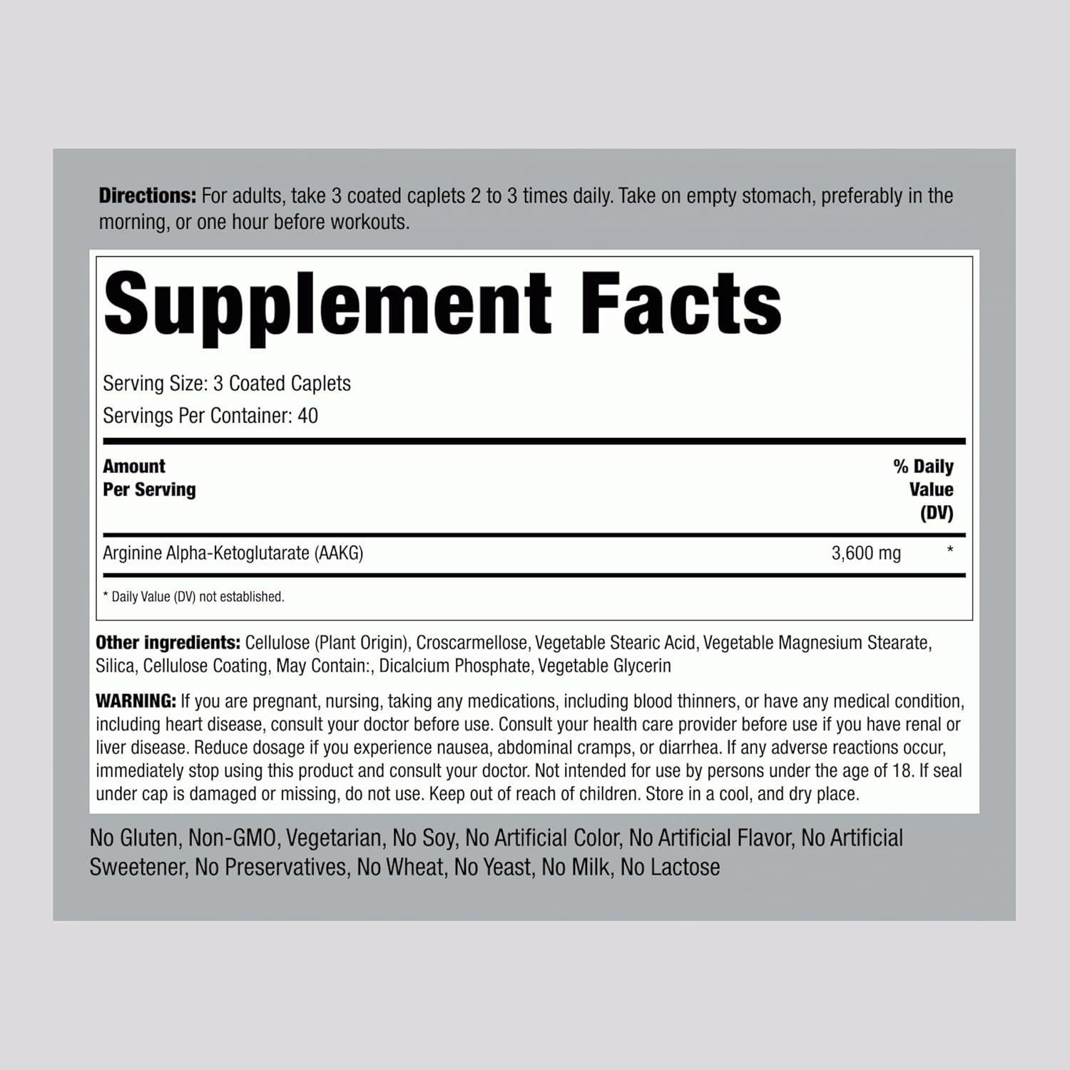 Suplemento AAKG Piping Rock 120 Tabletas 3600 mg Vegetariano