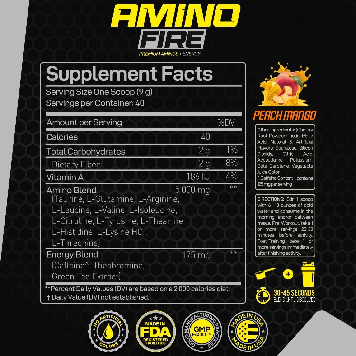 Forzagen Amino Fire - Polvo de Aminoácidos Pre-Entrenamiento Durazno Mango 40 Porciones