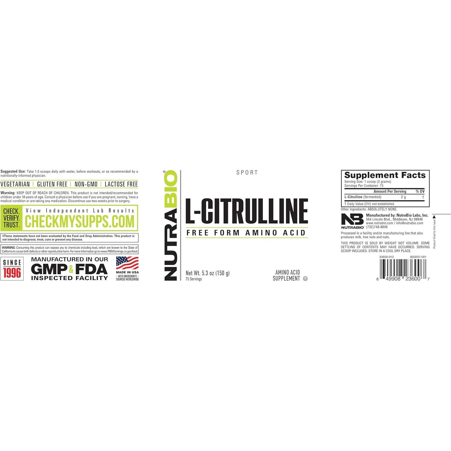 NutraBio L-Citrulina 150 g - Aminoácido Libre para Rendimiento