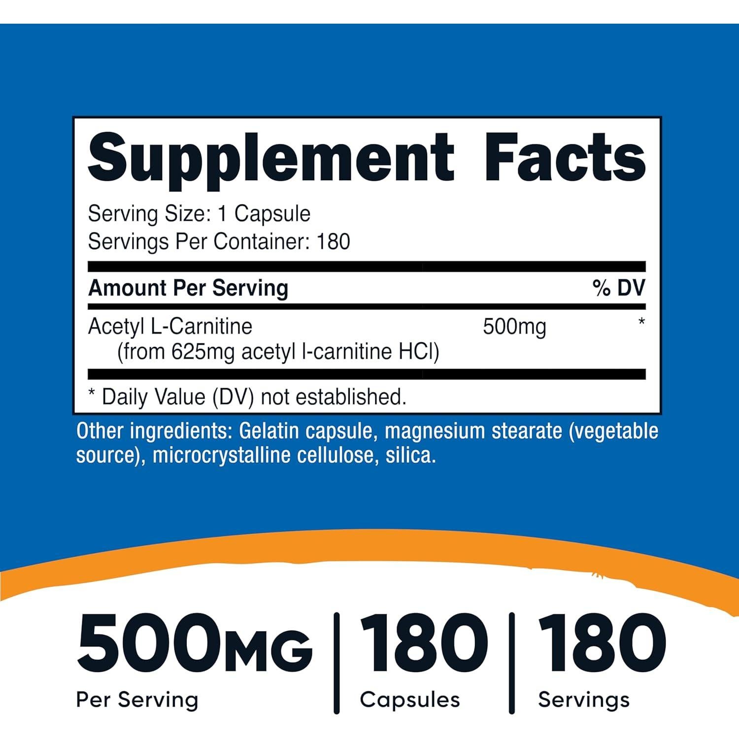 Nutricost Acetil L-Carnitina 500mg 180 Cápsulas - 2 Botellas