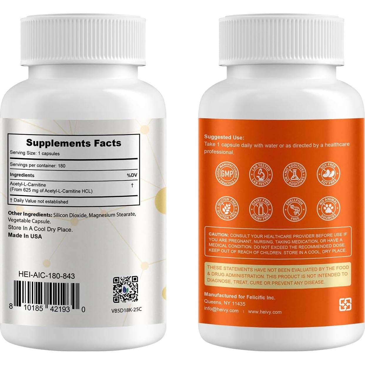 Heivy Acetil L-Carnitina 500 mg 180 Cápsulas Suplemento Cerebral