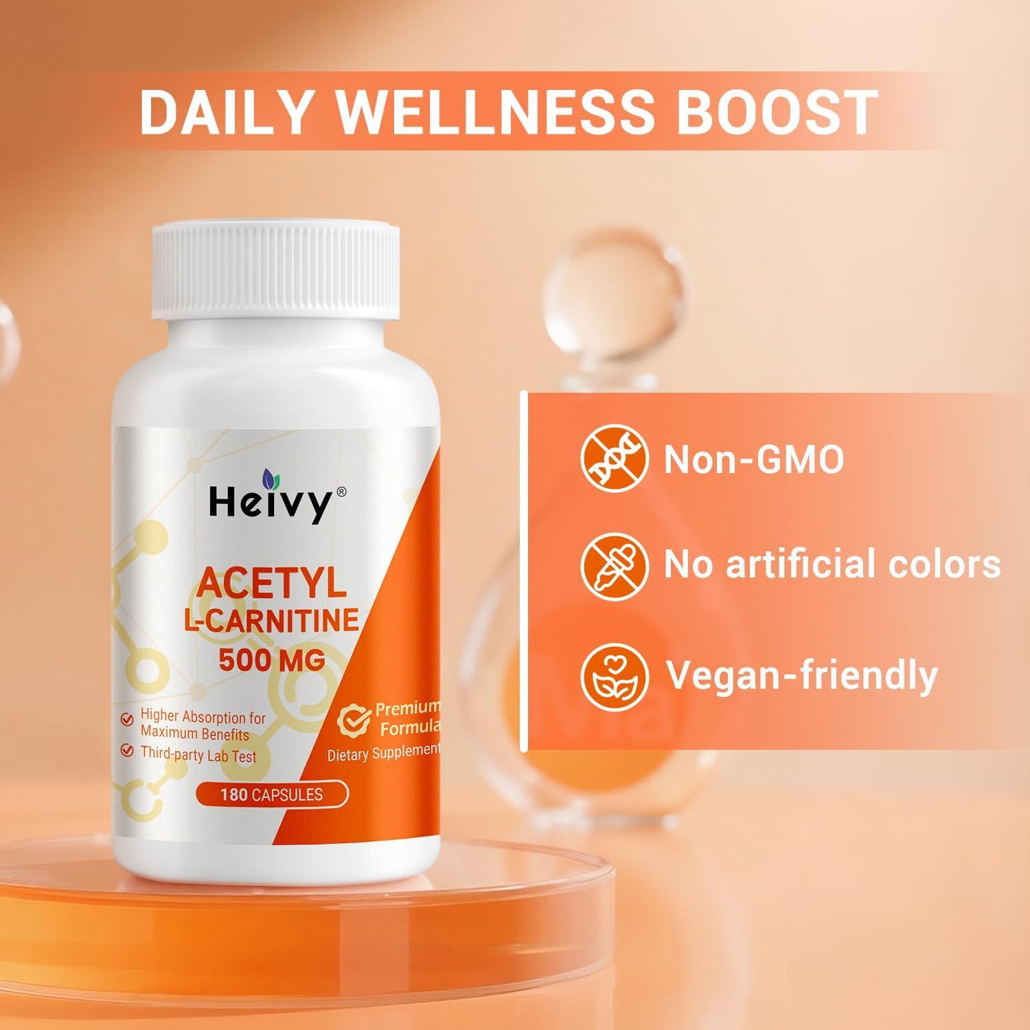 Heivy Acetil L-Carnitina 500 mg 180 Cápsulas Suplemento Cerebral