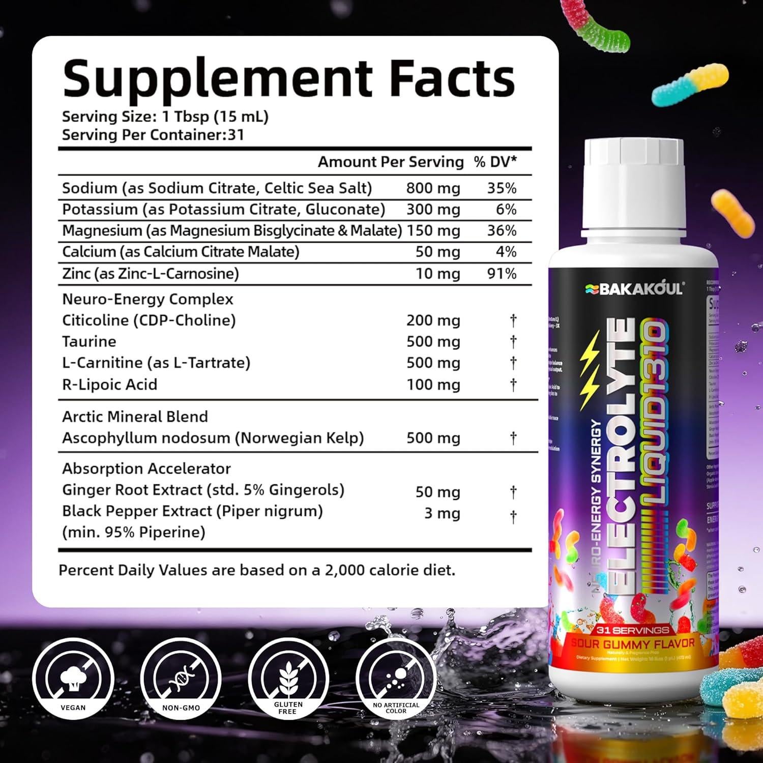 Suplemento Líquido Electrolito BAKAKOUL 1310mg Hidratación Rápida