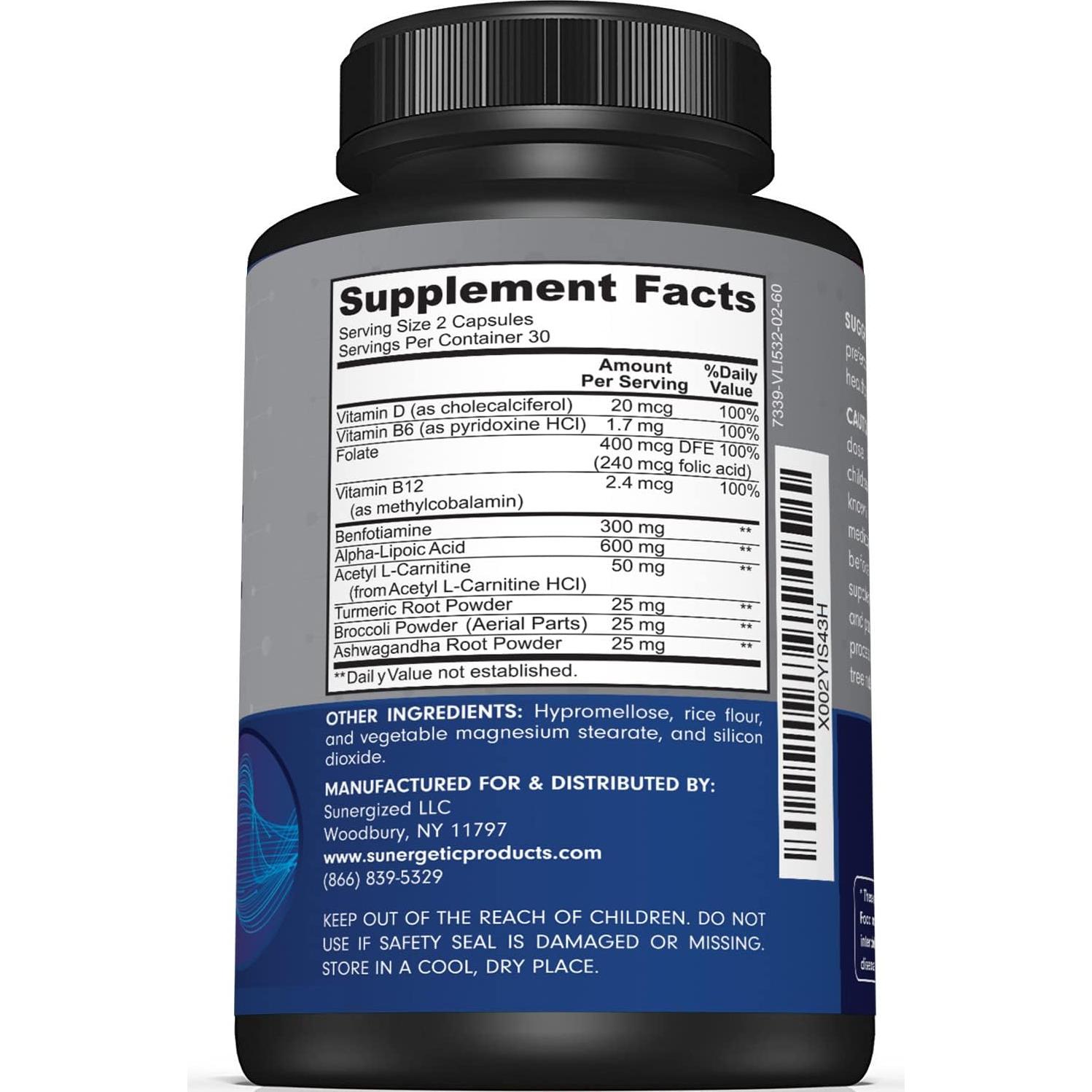 Suplemento Nervioso Sunergetic 600 mg ALA y Benfotiamina 60 Cápsulas