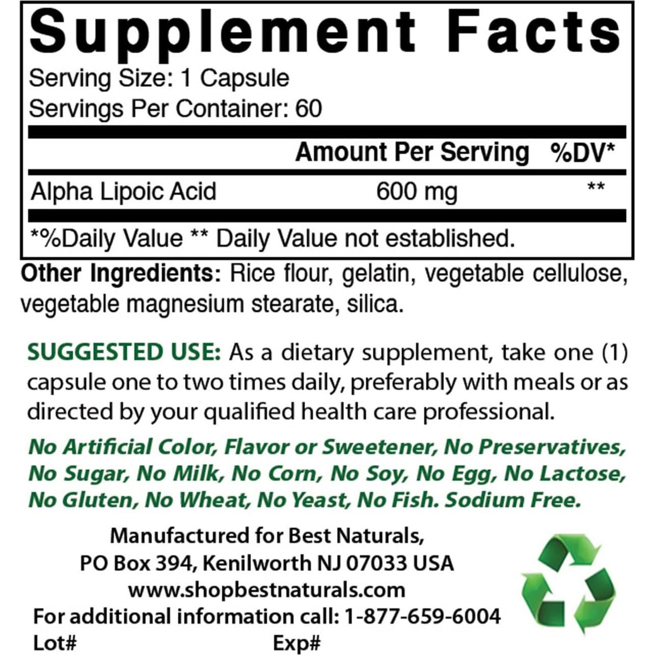 Ácido Lipoico 600 mg Mejores Naturales 60 Cápsulas Antioxidante