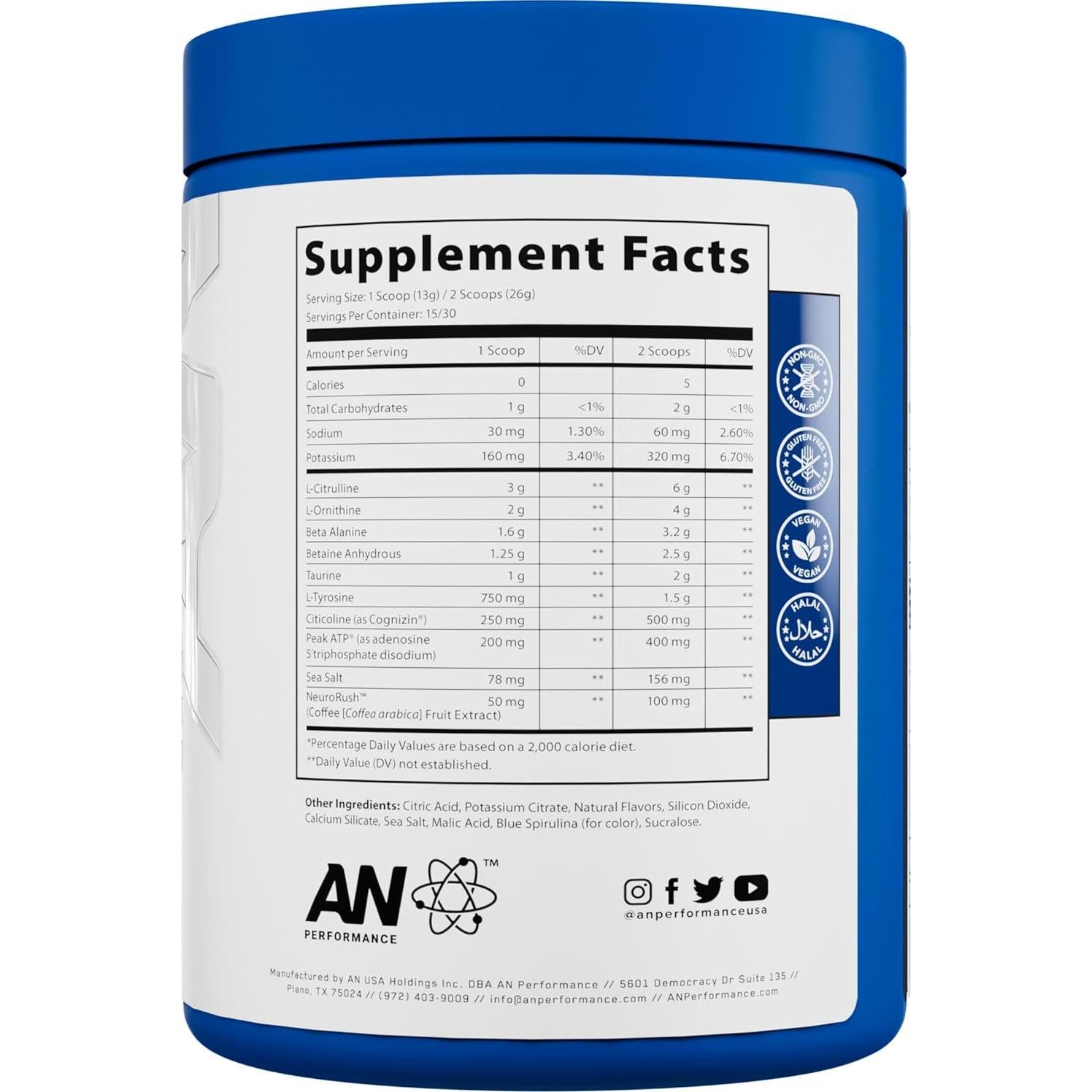 Suplemento Pre-Entrenamiento AN Performance Frambuesa Azul 30 Porciones