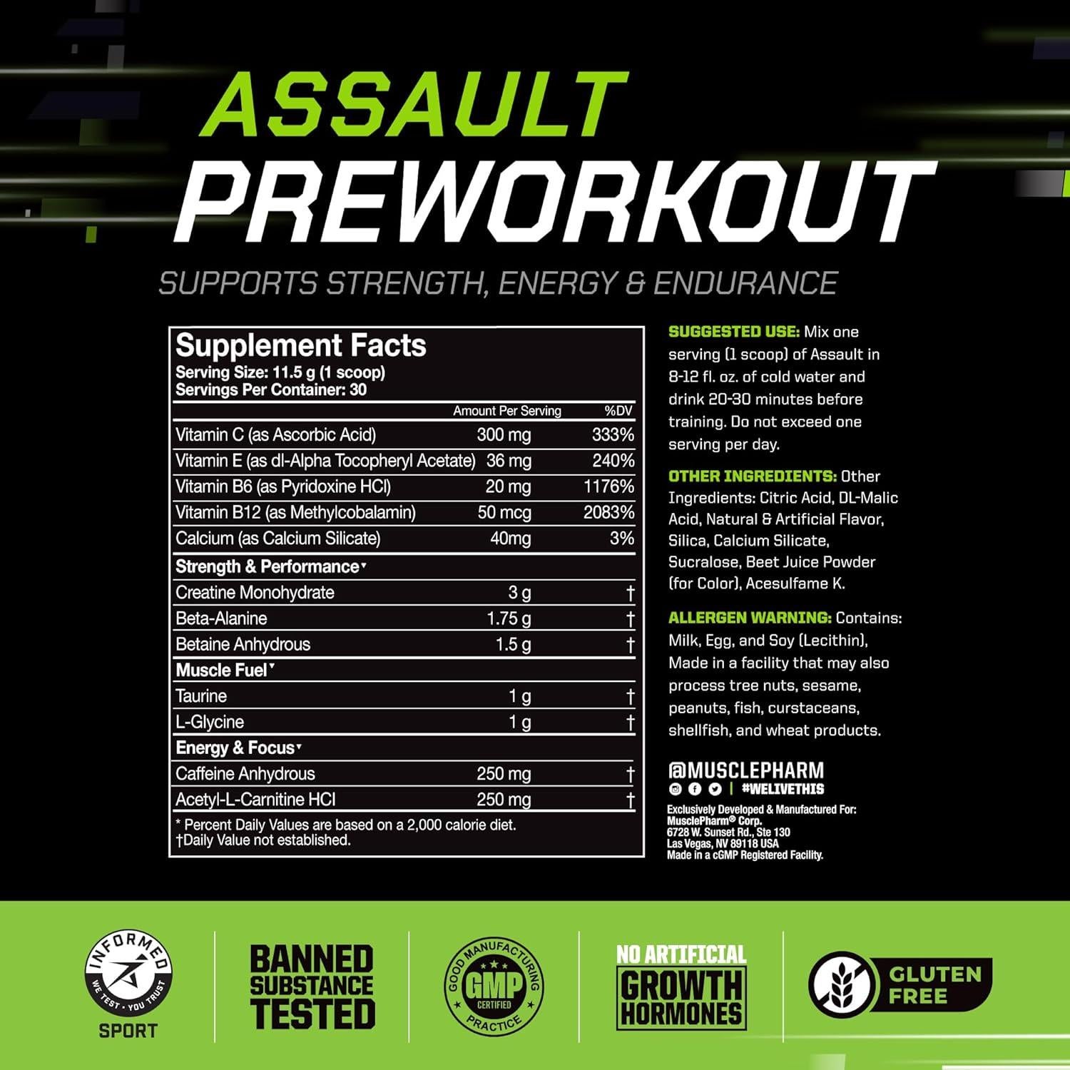 MusclePharm Assault Polvo Pre Entrenamiento 30 Porciones Sabor Ponche de Frutas
