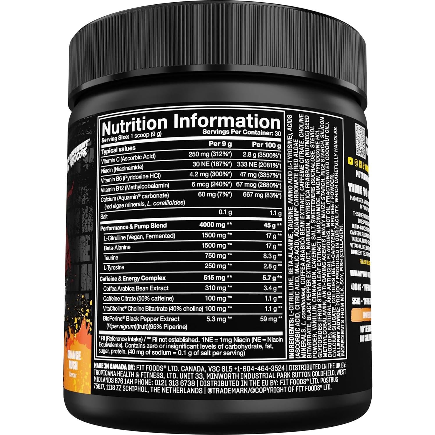 Suplemento Pre Entrenamiento Mutant Locura Naranja 30 Porciones