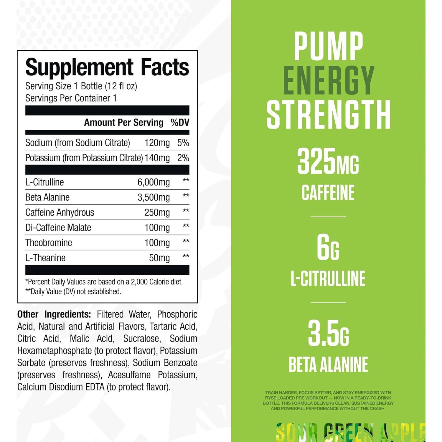 RYSE Bebida Pre Entrenamiento 355ml - Dulce Verde Manzana - Sin Azúcar