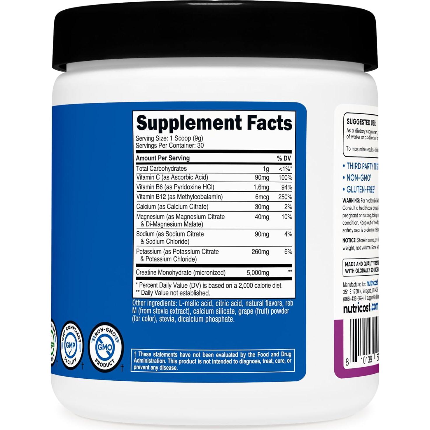 Nutricost Creatina Monohidratada Sabor Uva 5000mg 30 Porciones