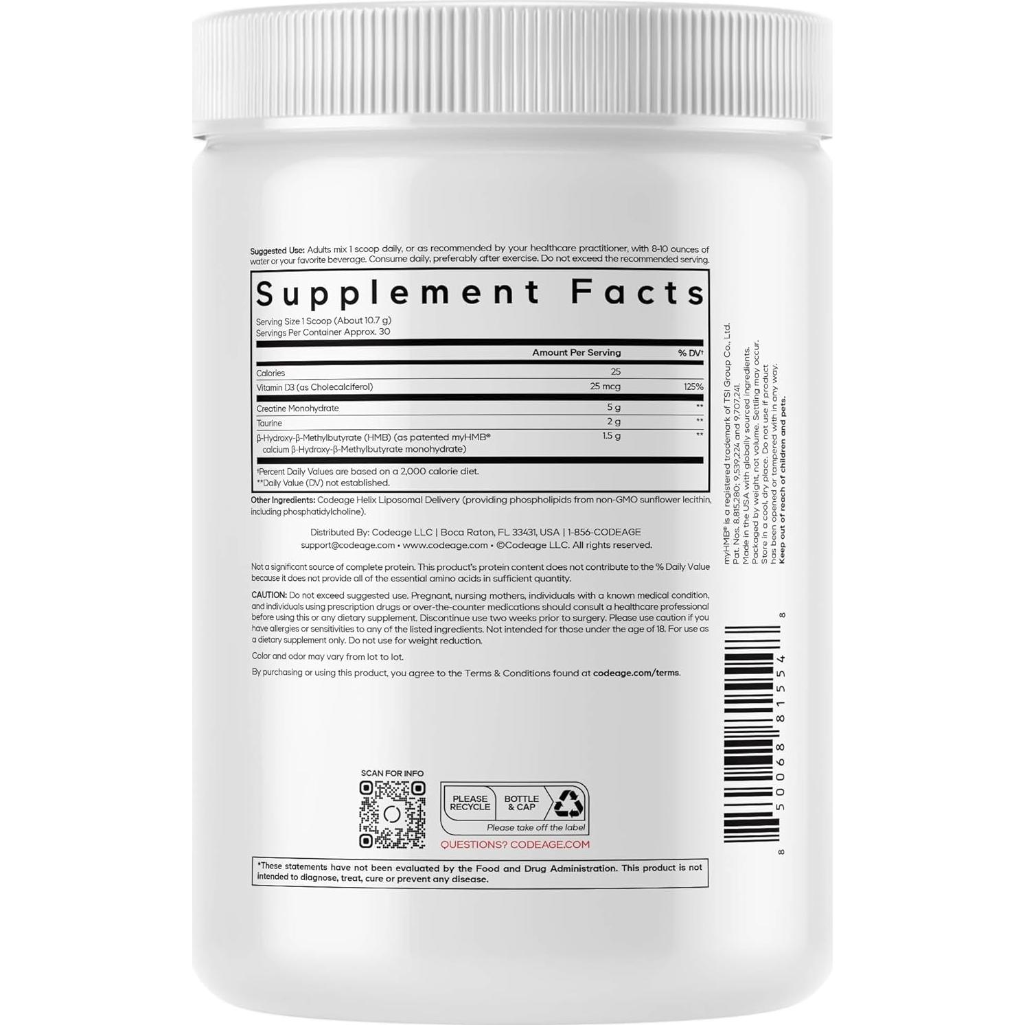 Codeage Creatina HMB+ 320 g - Monohidrato, Taurina, Vitamina D3