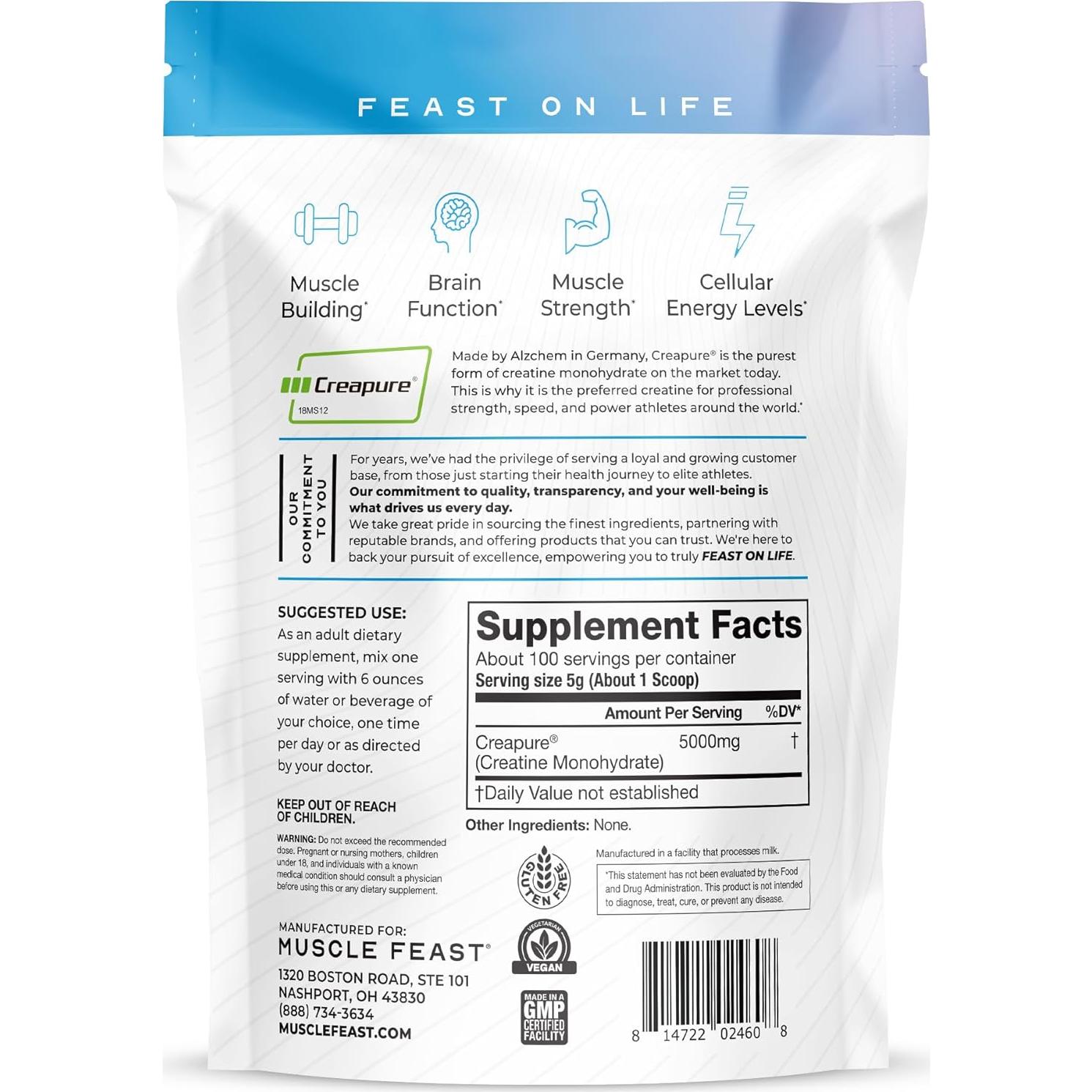 Creatina Monohidratada Creapure Muscle Feast 500g Sin Sabor