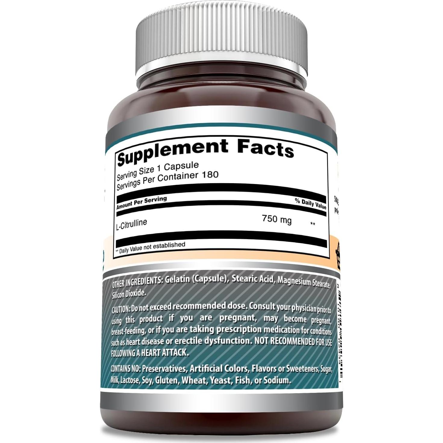 Suplemento L-Citrulina Nutrición Asombrosa 750 Mg 180 Cápsulas