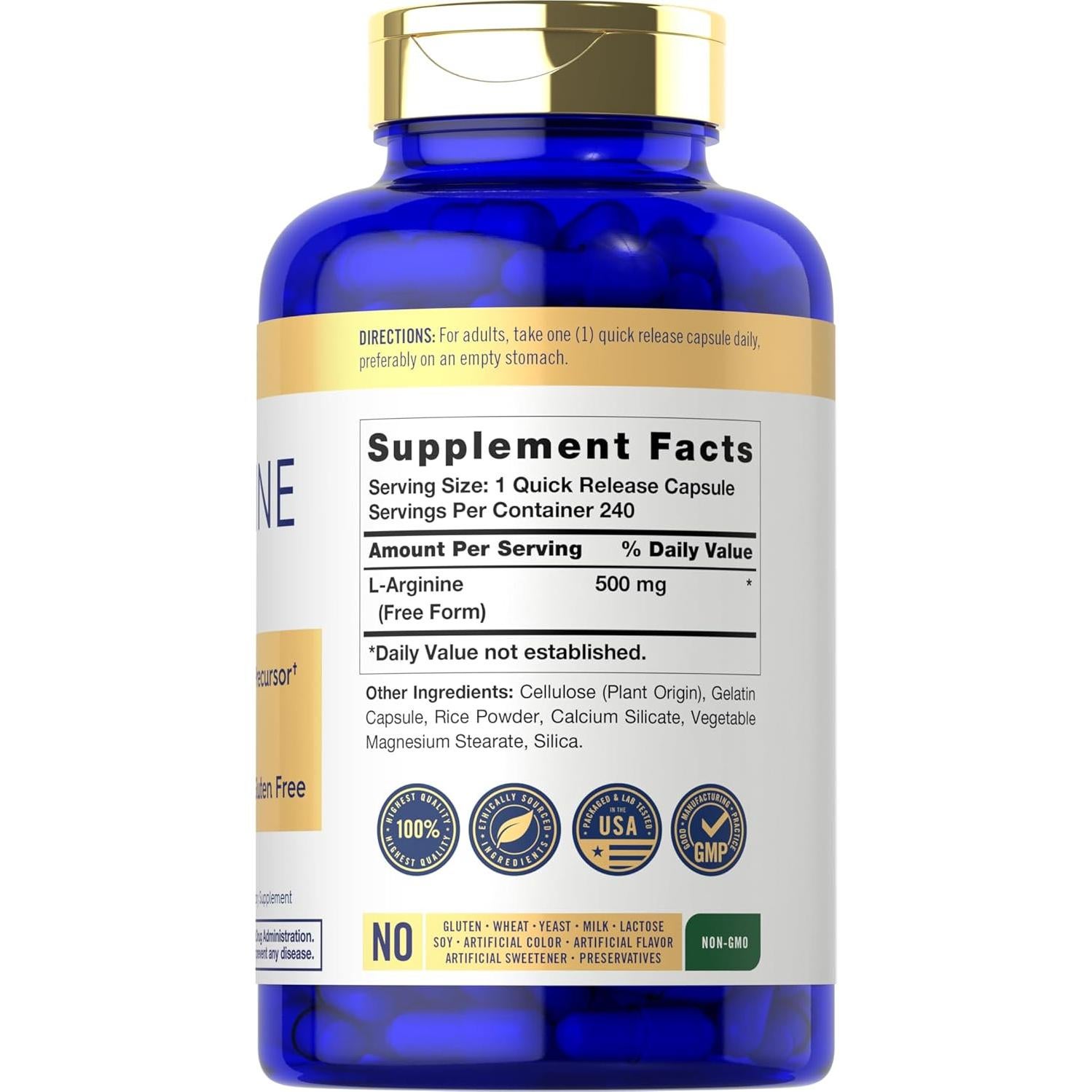 Cápsulas de L-Arginina Carlyle 500 mg - 240 Unidades - Suplemento Sin OGM