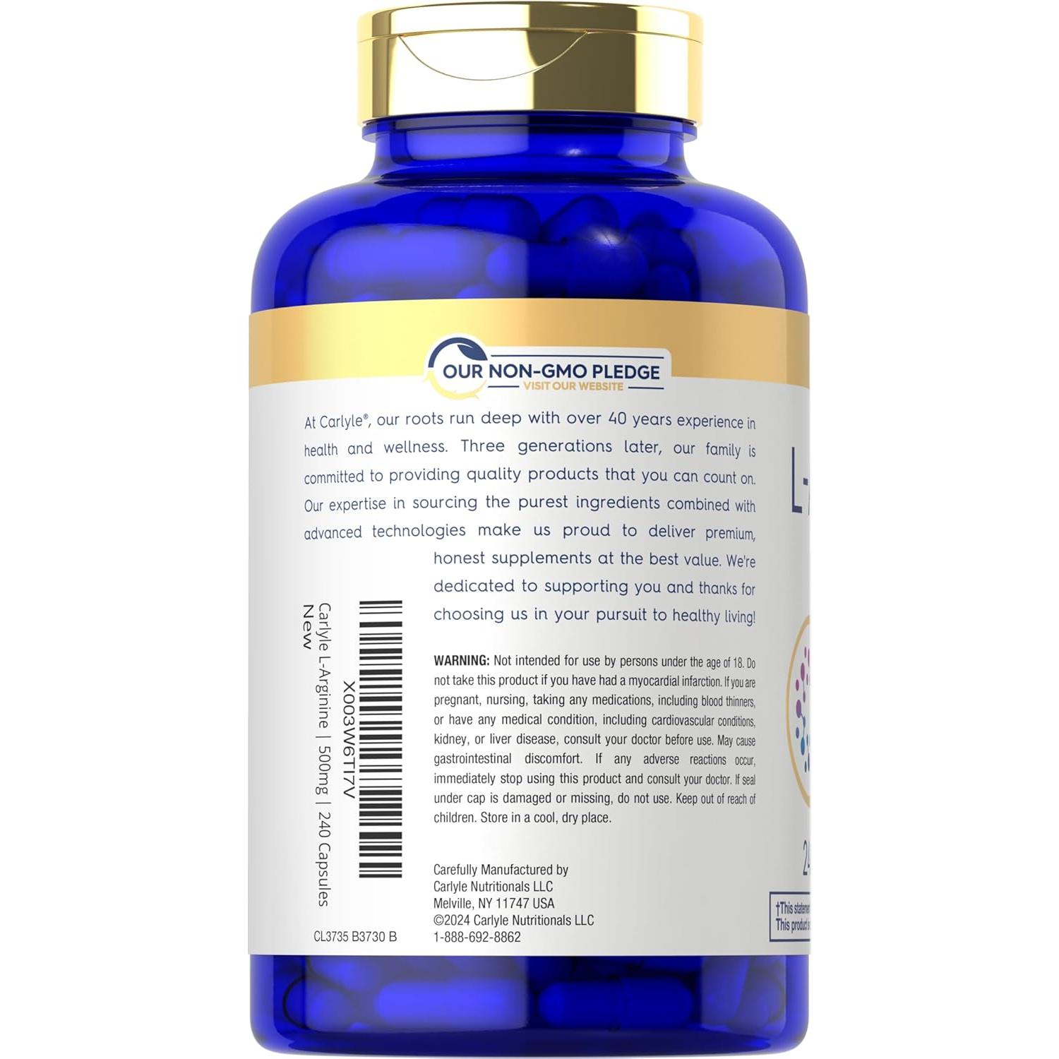 Cápsulas de L-Arginina Carlyle 500 mg - 240 Unidades - Suplemento Sin OGM
