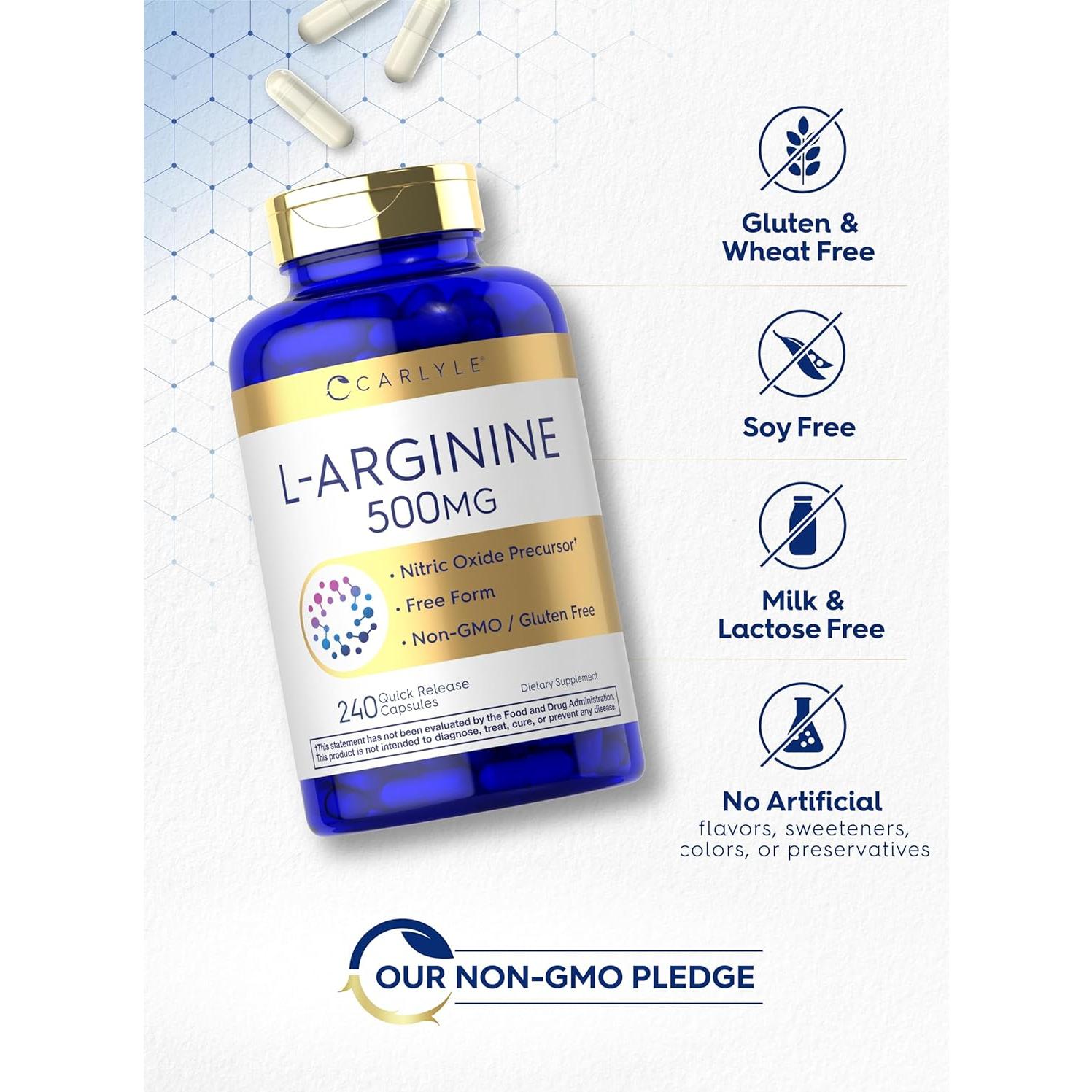 Cápsulas de L-Arginina Carlyle 500 mg - 240 Unidades - Suplemento Sin OGM